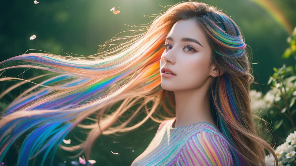 close up portrait of young woman with vibrantblowing hair and mesmerizing eyes, wearing a flowing dress made of petals, in a serene garden filled with blooming flowers, a representation of beauty and grace, charming, cute, beautiful, ultra detailed, dream like shot, 8k, sunset,((holographic))), (((rainbowish))), expressive, cinematic, dynamic pose,midjourney