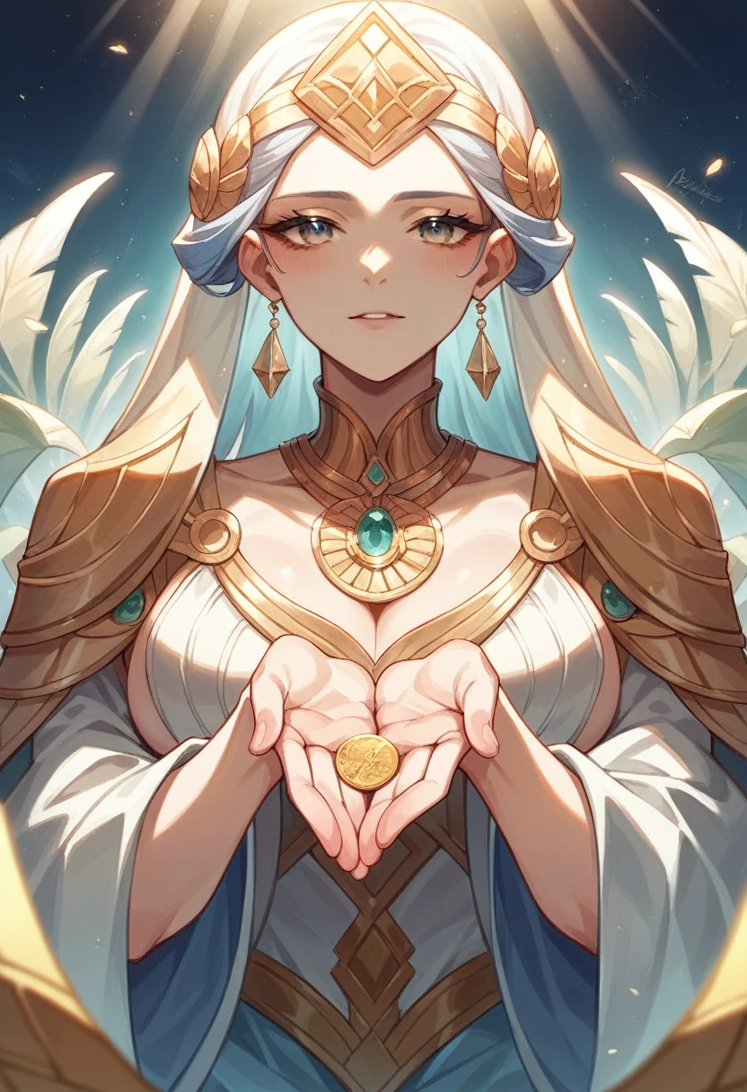Close-up of hands joined in prayer position, palms slightly open. Between the palms, a shiny gold coin. Rays of golden light emanate from the top of the image, creating a divine effect. Soft and ethereal background in light blue and white tones.
