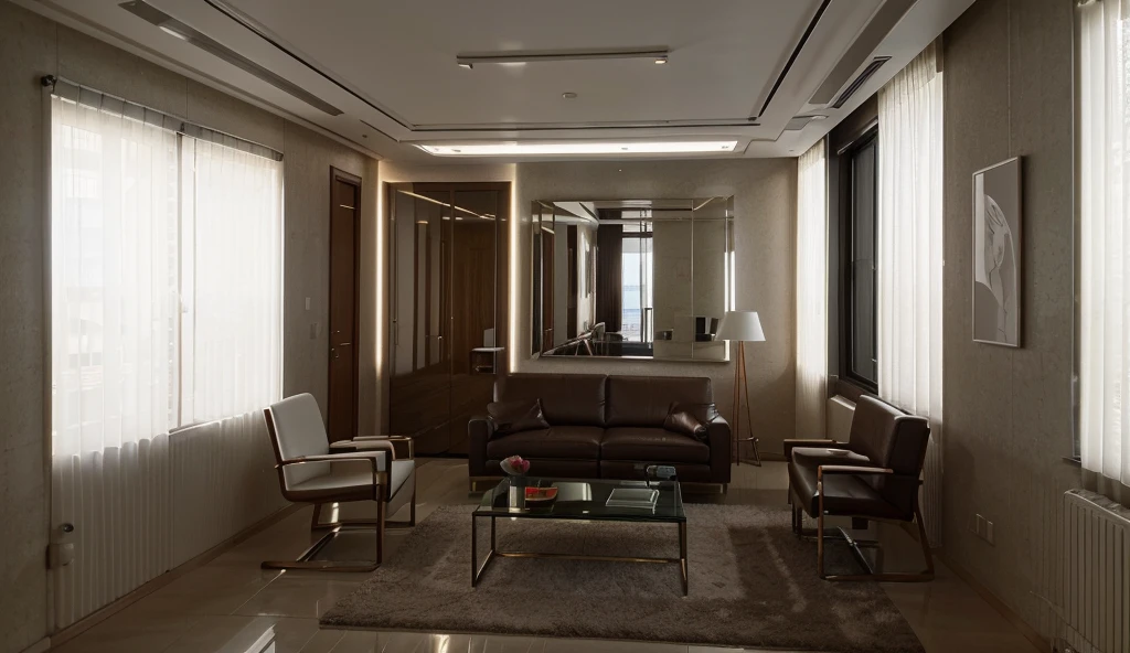 a modern, simple, and bright office lobby, detailed interior, large windows, natural lighting, clean and minimalist design, sleek furniture, potted plants, modern art on the walls, reflection on the floor, high-ceilinged, (best quality,4k,8k,highres,masterpiece:1.2),ultra-detailed,(realistic,photorealistic,photo-realistic:1.37),HDR,UHD,studio lighting,professional,vivid colors,architecture,interior design,minimalist,elegant,clean,bright