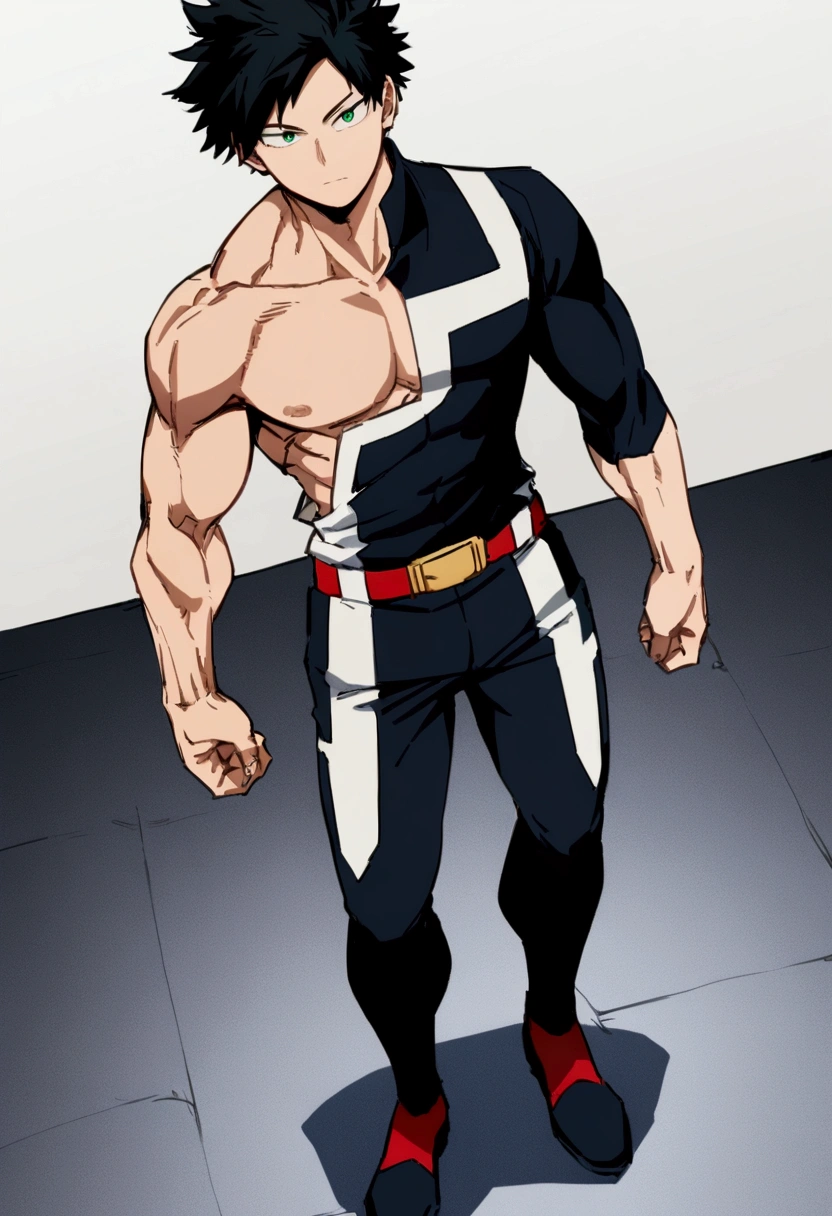 He is a 17 year old teenager, He has slightly disheveled very black hair..., somewhat light green eyes, (front angle ) , (full body), muscular body , He is dressed in the anime uniform. "my hero academia", without the shirt, just with pants 