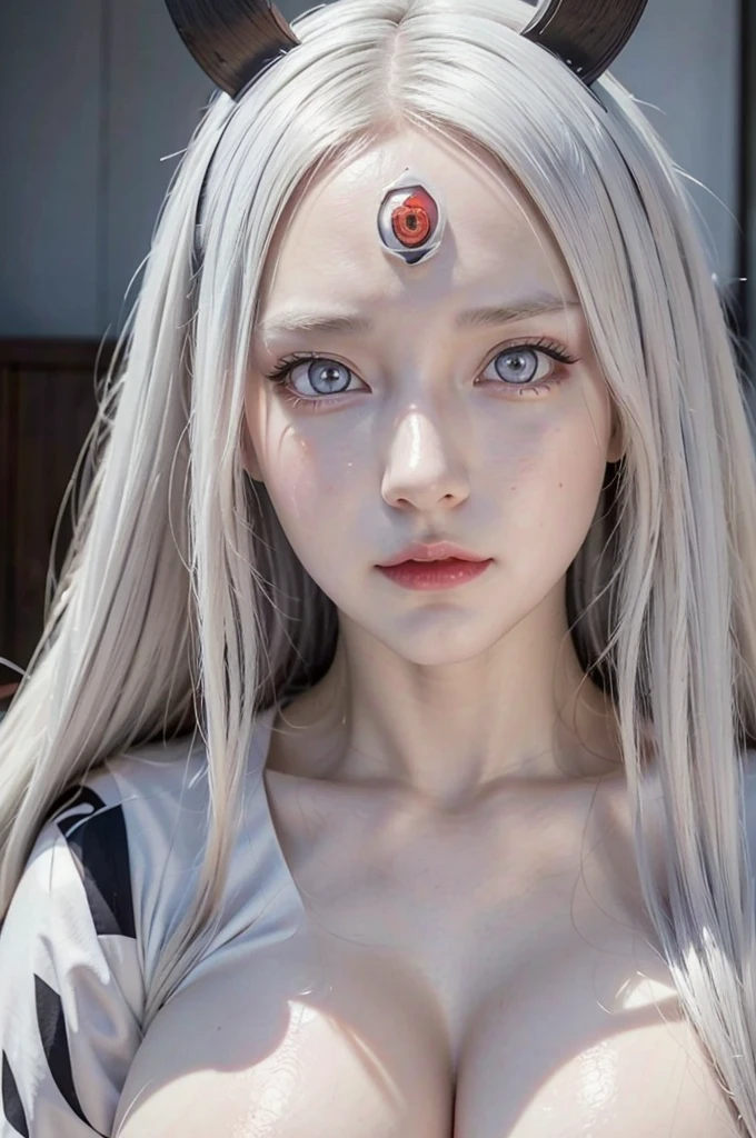 Kaguya from naruto anime, realistic, age 28, pure white skin, natural black horns, white pupils, third eye on forehead, white long hair, perfect face, perfect size body, perfect large breasts, white and black outfit, posing to viewer, 8k , ultra realistic.