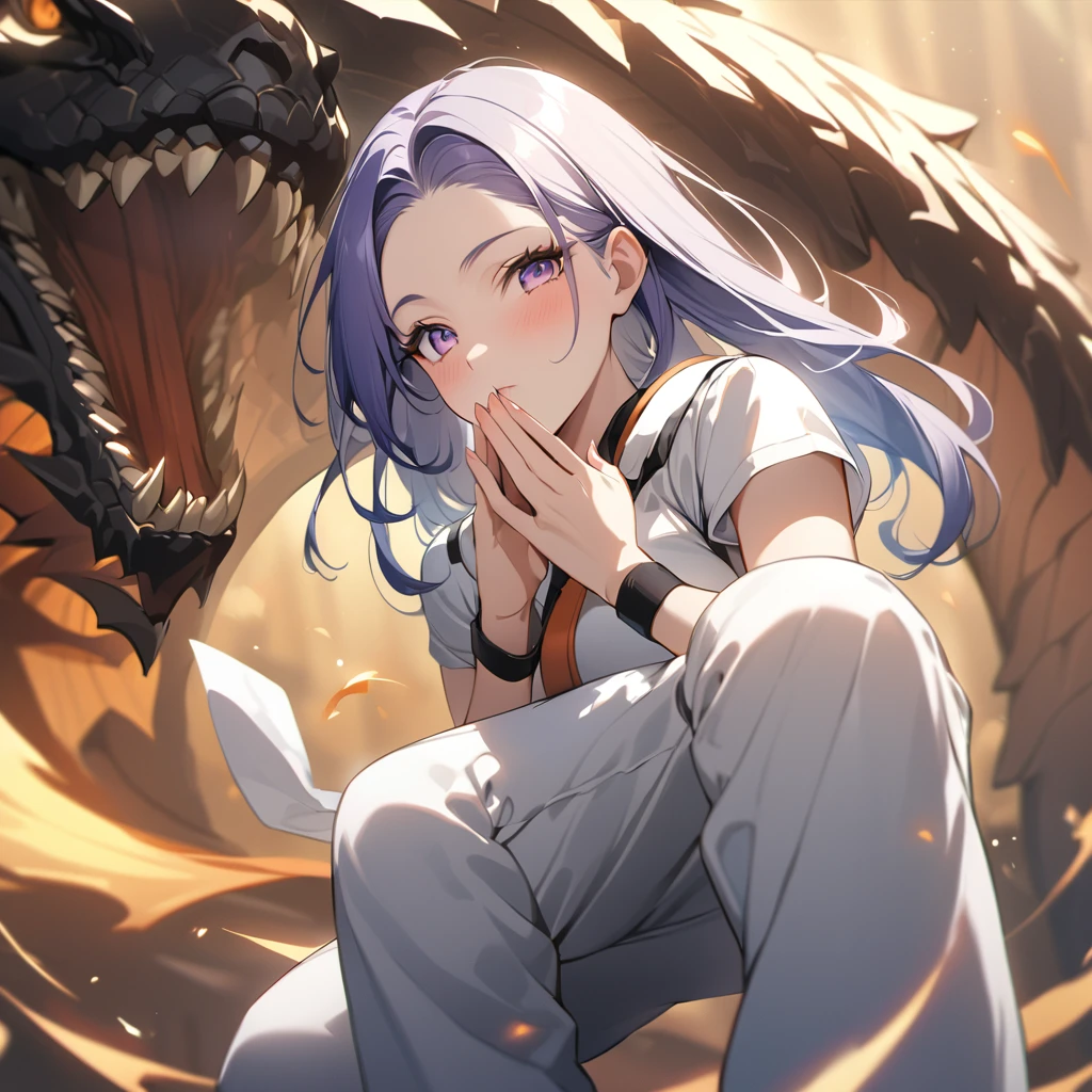 ((Highest quality、masterpiece、anime style、best quality、high resolution、8k、detailed、ultra-detailed:1.3))、Long legs、Sharp focus:1.2, Beautiful woman with perfect figure:1.4、(Smiling:1.2), double eyelid、30-year-old female、Sexy pose、((((Close your mouth、One Woman、white karate uniform:1.5)))),The background is a different world、A woman fights a dragon、Uplifting