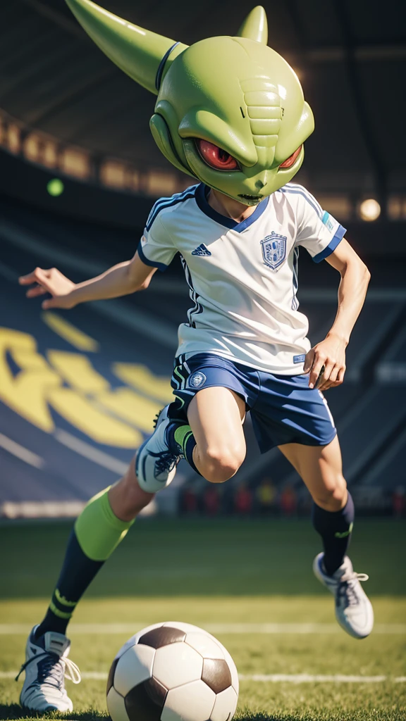 An alien playing soccer