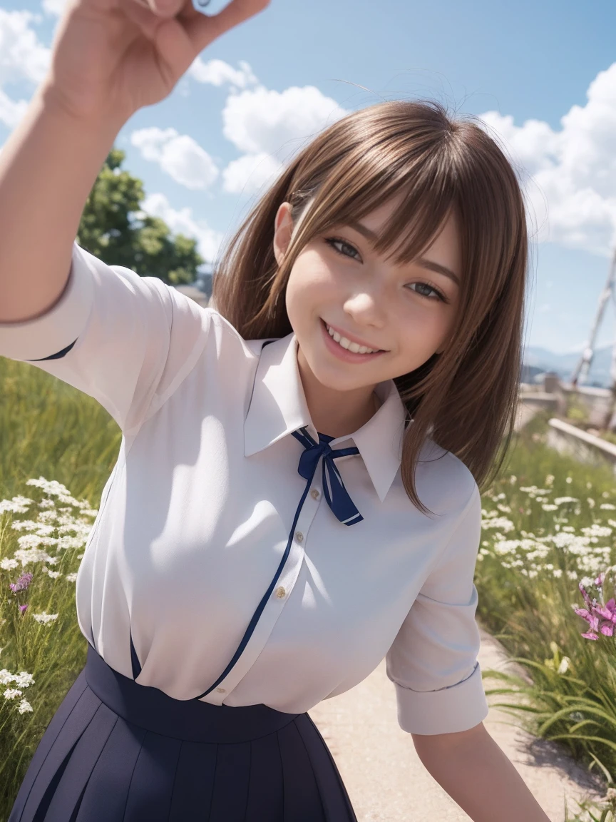 A detailed 3D anime-style image of a cheerful young girl with long, flowing golden hair, wearing a traditional Japanese sailor . She has a white blouse with blue accents and a blue tie, along with a pleated navy skirt. The girl is making a playful peace sign with her right hand near her head, smiling brightly with her purple eyes. Her hair has a slightly messy and wind-swept appearance. The background is light and features subtle, colorful star and flower motifs, enhancing the joyful and energetic mood of the scene. Ensure the art style captures a high level of detail and vivid colors, emphasizing the character's lively personality and dynamic pose.