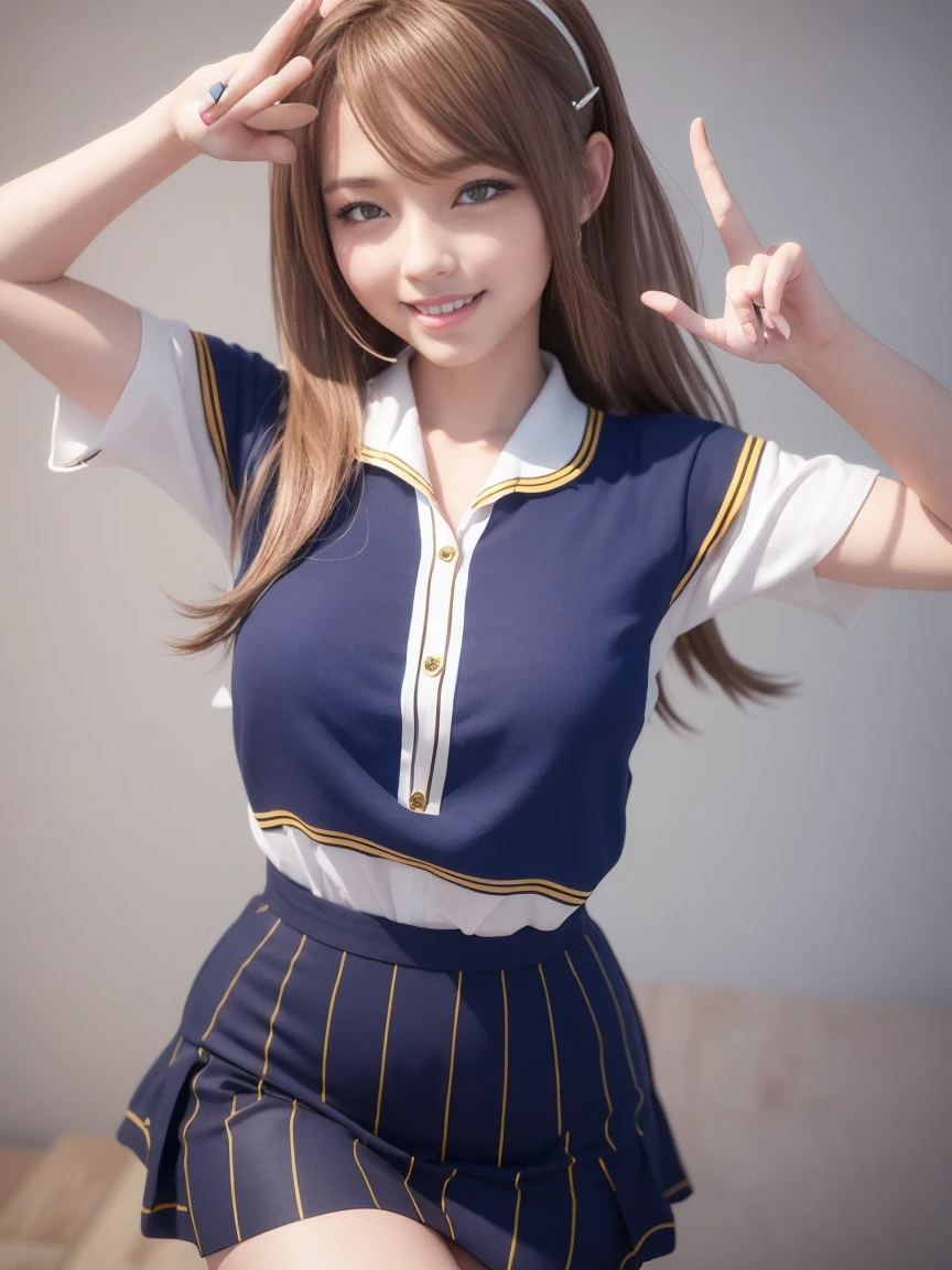 A detailed 3D anime-style image of a cheerful young girl with long, flowing golden hair, wearing a traditional Japanese sailor . She has a white blouse with blue accents and a blue tie, along with a pleated navy skirt. The girl is making a playful peace sign with her right hand near her head, smiling brightly with her purple eyes. Her hair has a slightly messy and wind-swept appearance. The background is light and features subtle, colorful star and flower motifs, enhancing the joyful and energetic mood of the scene. Ensure the art style captures a high level of detail and vivid colors, emphasizing the character's lively personality and dynamic pose.
