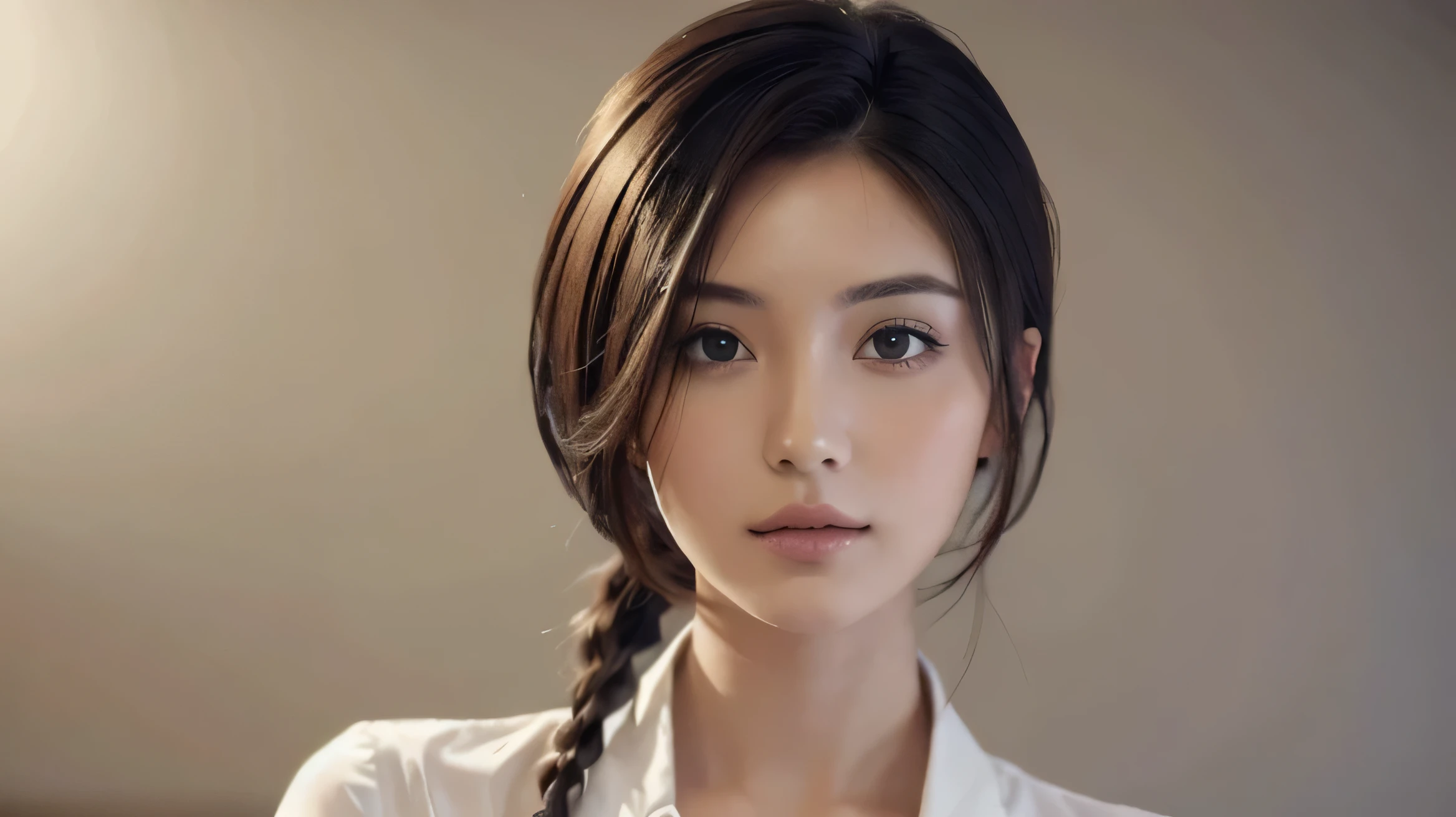 8k, Highest quality, masterpiece, Realistic, Super detailed, photo Realistic, Improvement of quality, Model-like features,The background is a white-decorated beauty salon, Advertisement for a job as a hairdresser, Large chunk, Photobash, Calm face, Natural Beauty, Looks like it could be the cover of a job ad,A woman in her early 20s aiming to become a hairdresser,Size 16：9 for horizontal position,Hairstyle is bob style,A shot showing the upper body,Shows about 20% of the skin、