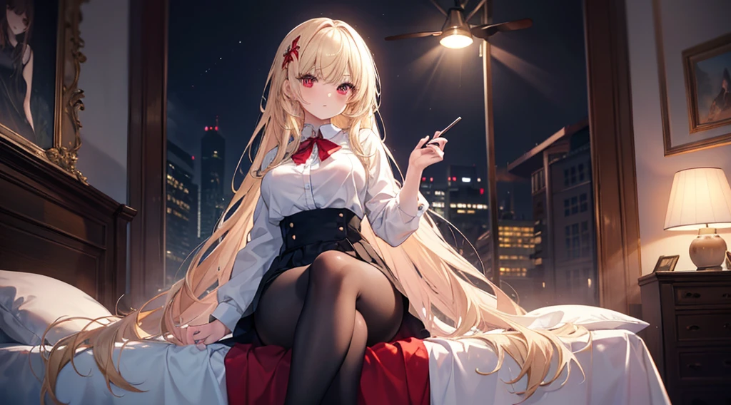 Highest quality, masterpiece, figure, wallpaper,One girl,White shirt, Light Hair, Beautiful detailed girl, Highly detailed eyes and face, Beautiful attention to detail, Shine,Browsing Caution, View your viewers, bed, night, Black Pantyhose, Straight hair, Red Eyes, long hair,Blonde, thick_Thighs, Large Breasts, Red eyes,Sitting,beautiful finger, clear background, deep night, no item