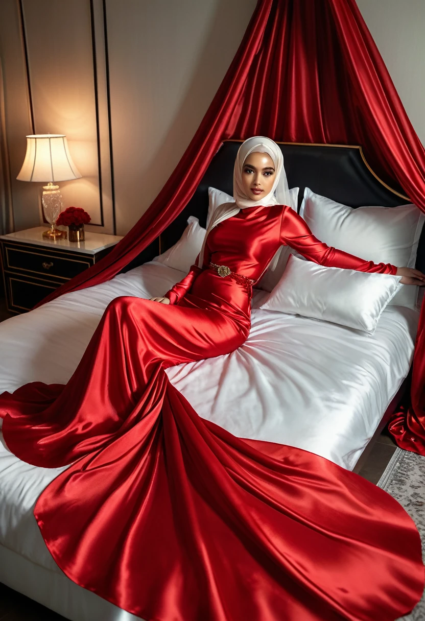 a woman in the translucent red silk gown, full body,wear hijab,wear translucent veil ,brest expose, half neked, tiead in satin rope, tied tight,mermaid tight long gown, flowy dramatic long gown, double long satin train ( 4 meter long ),luxury bed room,laying in bed,red satin sheet, wear high heels, masterpice, 4k resolution, ultra-realistic, highly detail.