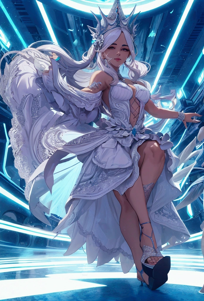 ((a photorealistic glamour shot of an exquisite, glamour mecha female vampire: 1.5)), ((full body: 1.3)), ultra feminine, pale face, golden hair, long vibrant shiny hair, glamorous hair,  red eyes, miniatures mechanical , deep penetrating eyes, red lips, lustful lips, ((two visible vampiric fangs: 1.5), drops of blood dripping from the mouth, ((cyberpunk style: 1.5)), she wears (white elegant glamour dress, with small delicate mechanical parts: 1.4), digital parts,  intricate details, the dress is studded with diamonds, tight suit, dynamic color, high heels, cyberpunk street at night background, (highest quality:1.2, Very detailed, up to date, Vibrant, Ultra-high resolution, High Contrast, masterpiece:1.2, highest quality, Best aesthetics), best details, best quality, highres, ultra wide angle, 16k, [ultra detailed], masterpiece, best quality, (extremely detailed), Genetically modified..., Cinematic Hollywood Film, nijimecha, aetherpunkai