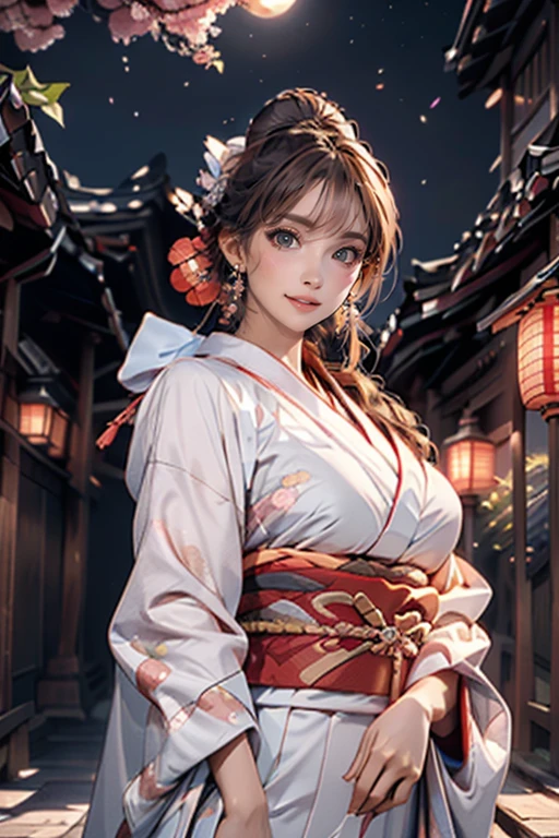 (Highest quality、 8k wallpaper、masterpiece、High resolution)、(whole body)、Beautiful girl in yukata、Brown-black bob、Traditional round topknot、Ample breasts、(Highly detailed face and eyes、Beautiful Face、Beautiful Eyes、Beautiful nose、Pretty lips)、Japanese garden、Digital Art、Detailed Background、moonlight、Full moon in the sky、Detailed CG、