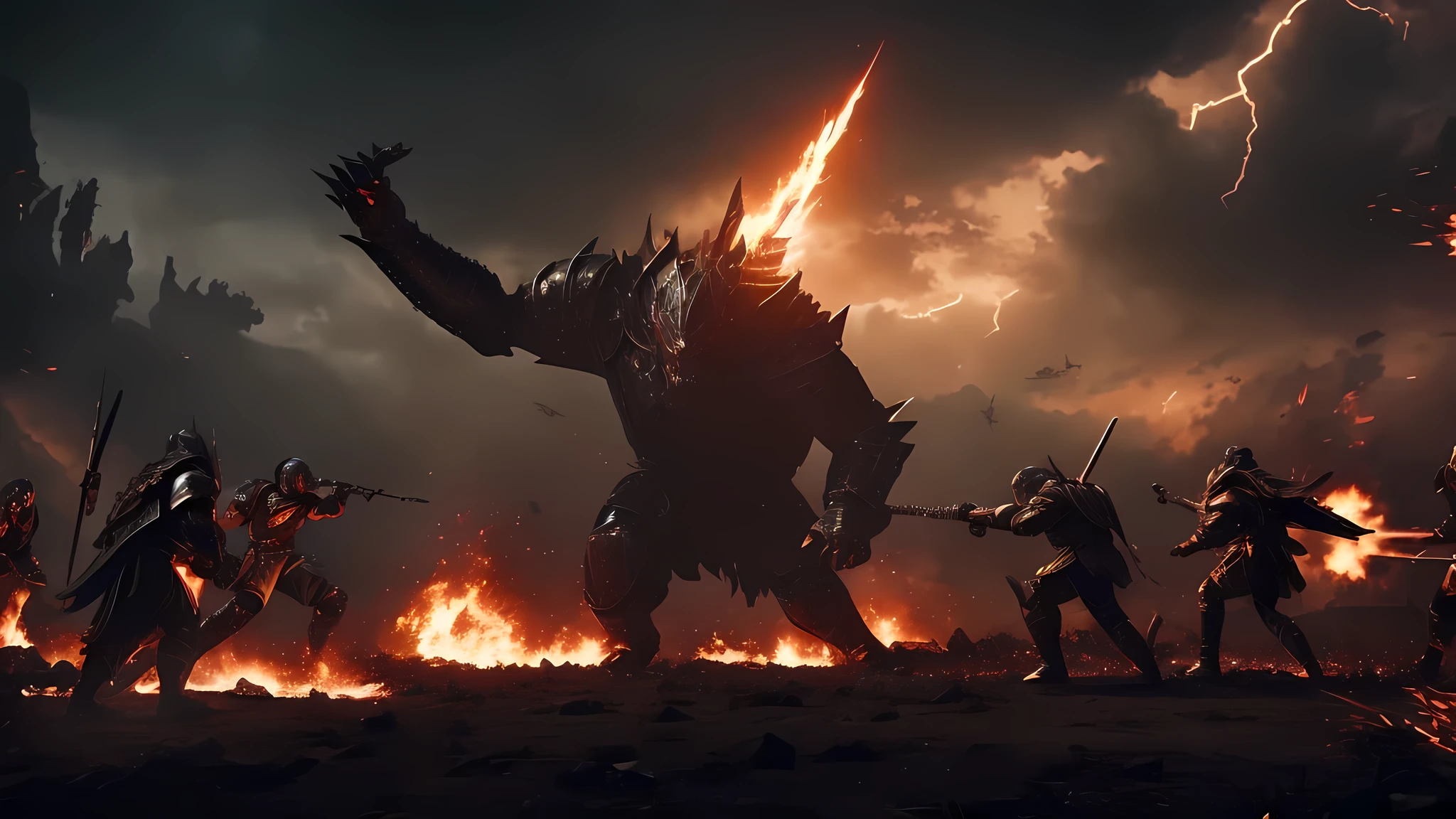 cinematic epic battle scene, massive dark monsters emerging, heroic warriors fighting in intense RPG action, 4k quality, cinematic flame trailer, dramatic lighting, highly detailed, photorealistic, masterpiece
