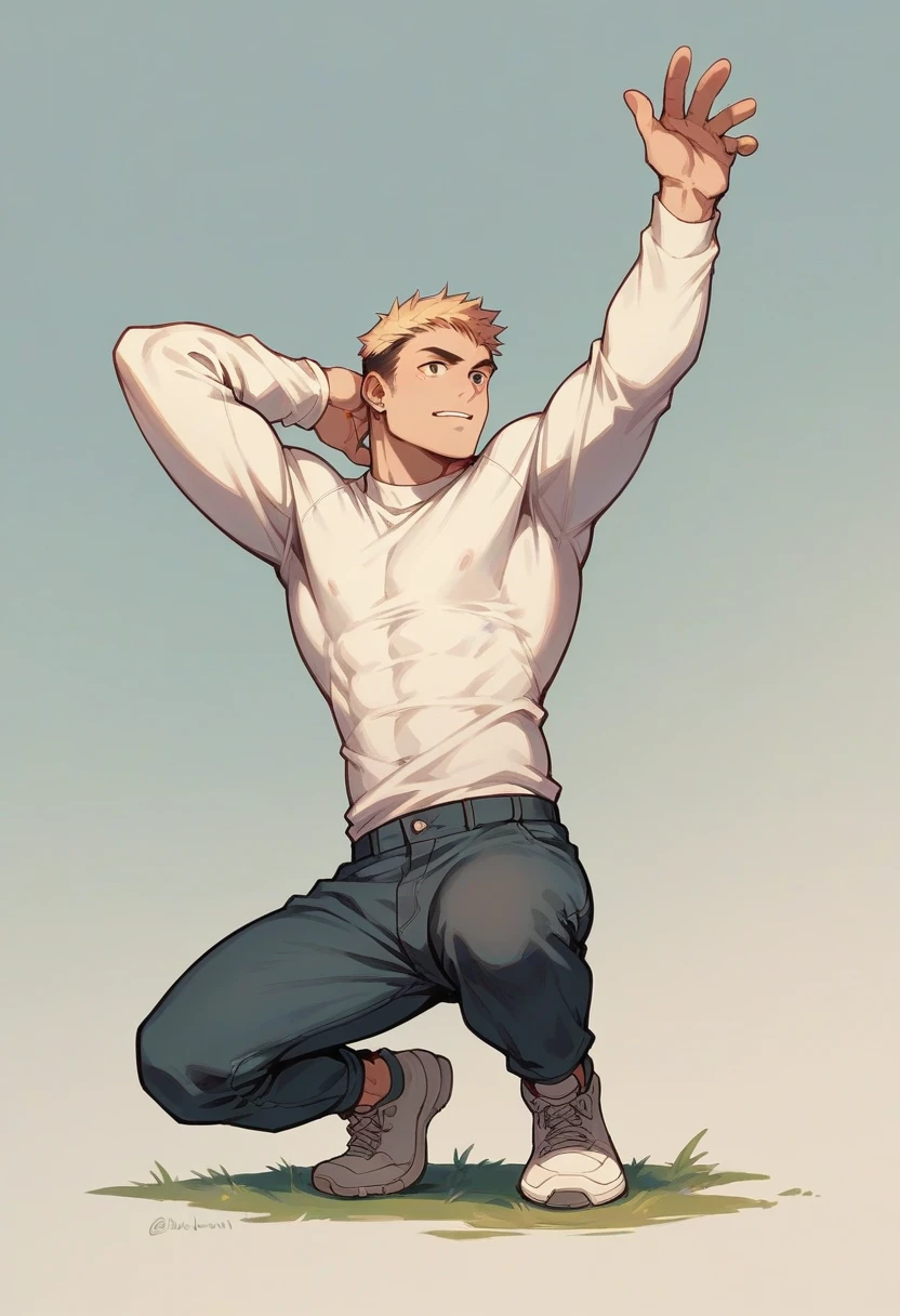 Please an image of a male anime squatting to sit on air