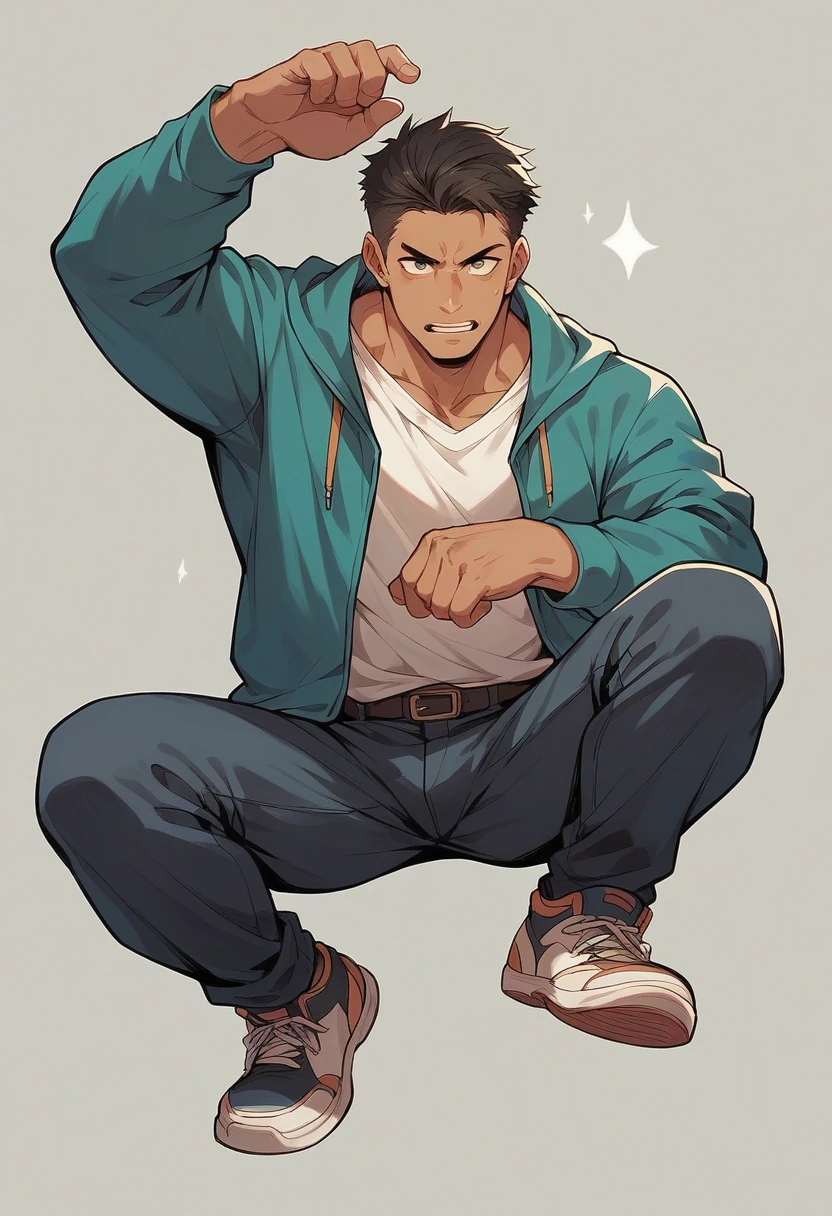 Please an image of a male anime squatting to sit on air