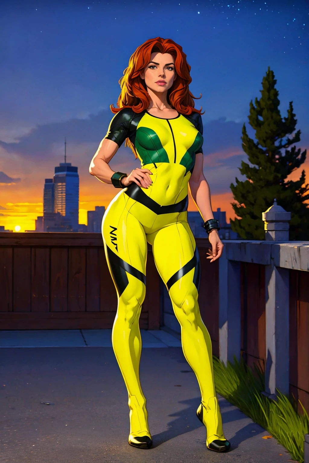 ((Full body shot, standing, feet on the ground)) Rogue, X-Men, (best quality, 4k, 8k, high resolution, cyclist body, masterpiece: 1.2), ultra-detailed, (realistic, photorealistic, photorealistic: 1.37), full body photo, yellow high boots, voluminous hair, beauty pose, standing, show feet, outside, city roof at night, green bandana