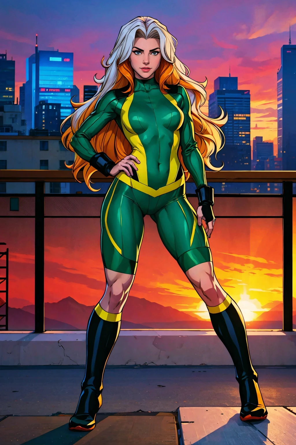 ((Full body shot, standing, feet on the ground)) Rogue, X-Men, (best quality, 4k, 8k, high resolution, cyclist body, masterpiece: 1.2), ultra-detailed, (realistic, photorealistic, photorealistic: 1.37), full body photo, yellow high boots, voluminous hair, beauty pose, standing, show feet, outside, city roof at night, green bandana

