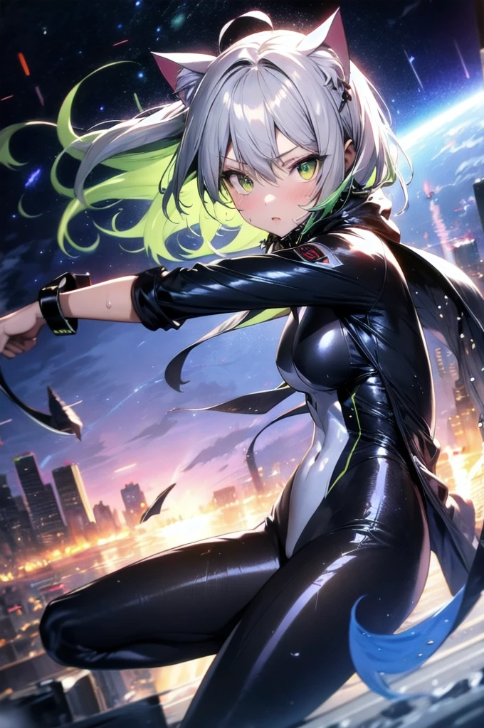 A silver-haired beautiful girl with cat ears eyes are green hair is silver and long clothes: a form-fitting black combat suit The fist is an afterimage The background is a city at night her is in a cat-like fighting pose The year is 14 years monitor, Dark Night, Sweat, Steam of Exhalation, Space, Battle, Dynamic Angle　one girl