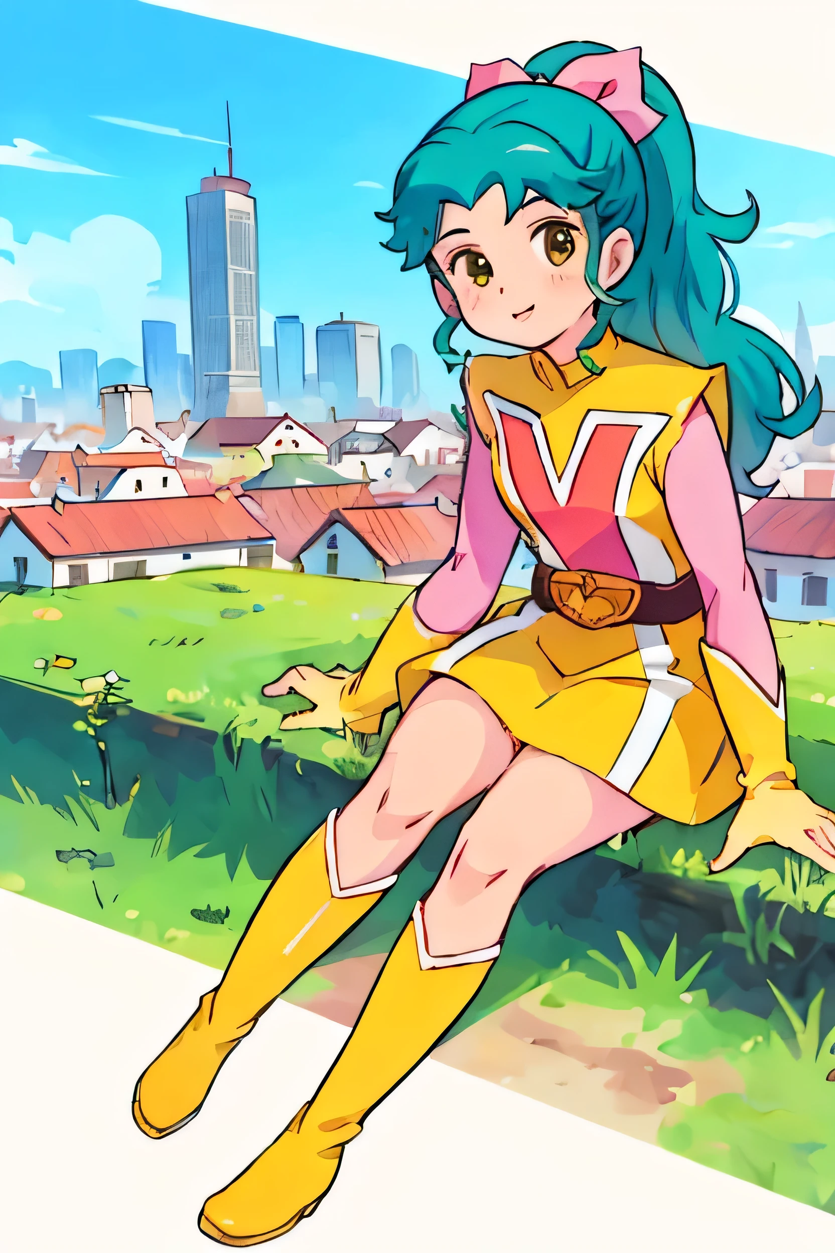 masterpiece, Highest quality, city, One girl,alone,
Megumi,Yellow Boots, Pink sleeves,Green Hair,