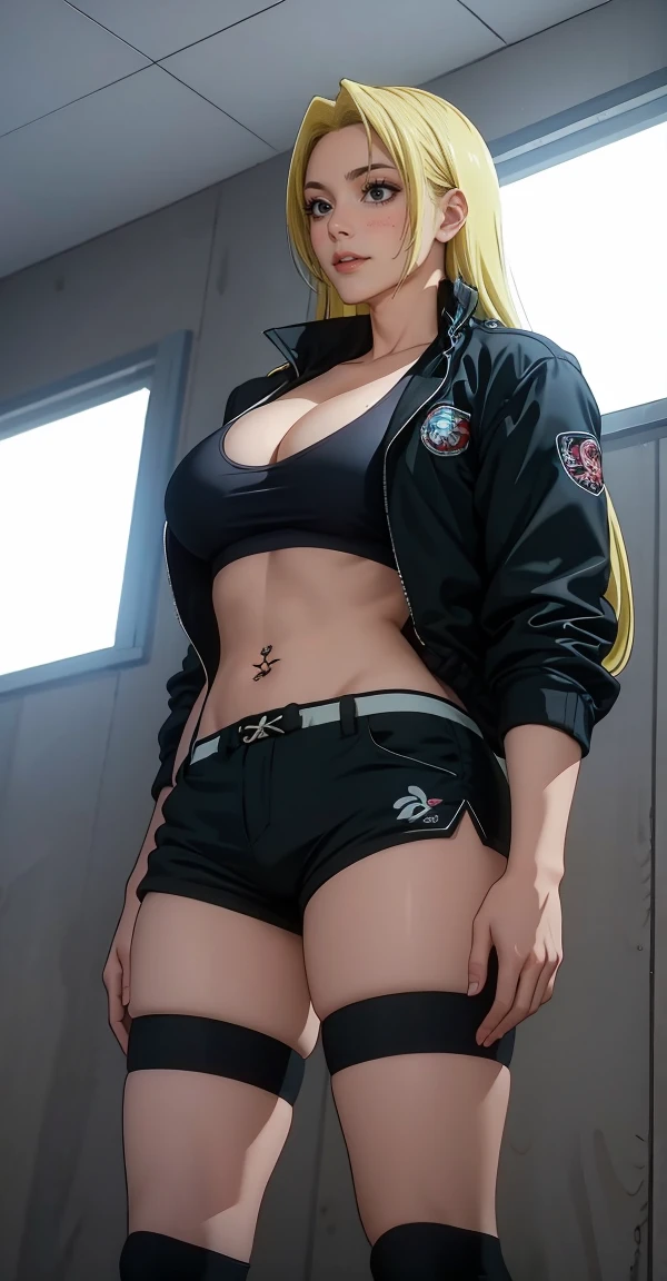 Yuki tsukumo from jujutsu kaisen, long hair, blonde hair, long belly, big , tight body , thicc thighs, 1girl, photo_background, gym, shorts, long_hair, thighhighs, short_shorts, crossed_arms, navel, black_shorts, solo, looking_at_viewer, midriff, black_thighhighs, navel_piercing, dolphin_shorts, lips, realistic, tattoo, jacket, breasts, standing