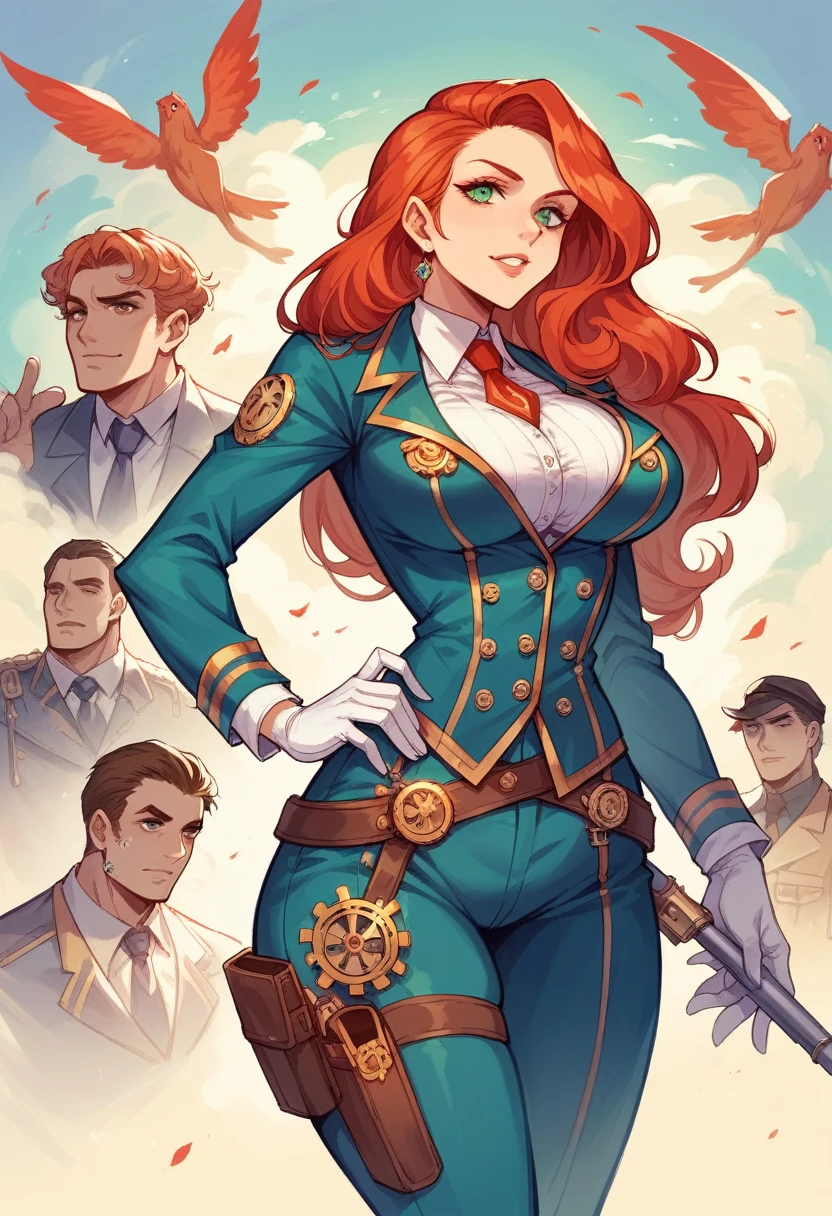 A woman stands in front of a group of robots, Steampunk man portrait, synthesis, Beautiful android woman, Stormy epic war scenes, Inspired by Richard Avedon, Black dieselpunk policewoman, Redhead woman, Girl in suit, Complex fashion clothing, Beautiful female soldier ,NSFW,Big Breasts,Crotch crack