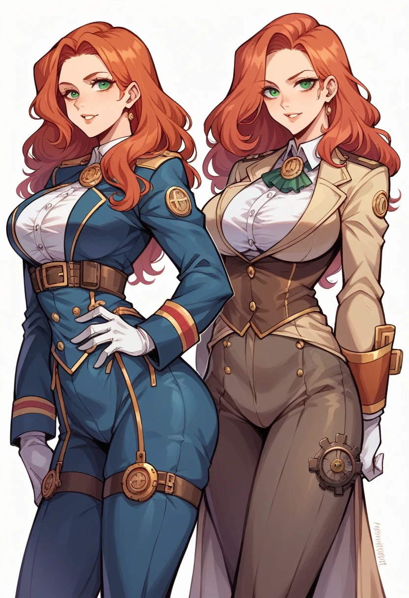 A woman stands in front of a group of robots, Steampunk man portrait, synthesis, Beautiful android woman, Stormy epic war scenes, Inspired by Richard Avedon, Black dieselpunk policewoman, Redhead woman, Girl in suit, Complex fashion clothing, Beautiful female soldier ,NSFW,Big Breasts,Crotch crack