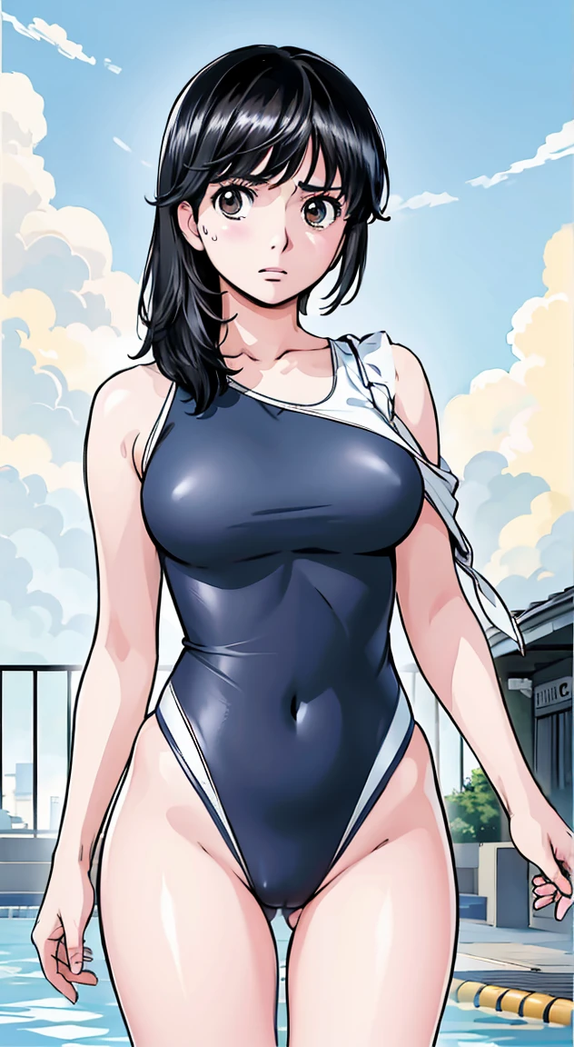 Black Hair、(Shoulder-length hair、Black Hair)、Navy blue competitive swimwear、(Highest quality:1.3)、One girl、(((Shoulder-length hair、Black Hair)))、Cowboy Shot、At the school pool、Naked butt、Big Ass、Sweat、masterpiece, Highest quality, High resolution, 超High resolution, RTTX 10.0, Pixel perfect, Written boundary depth, 4K, Very detailed、Embarrassed expression、Browsing Caution、Open navy blue swimsuit、