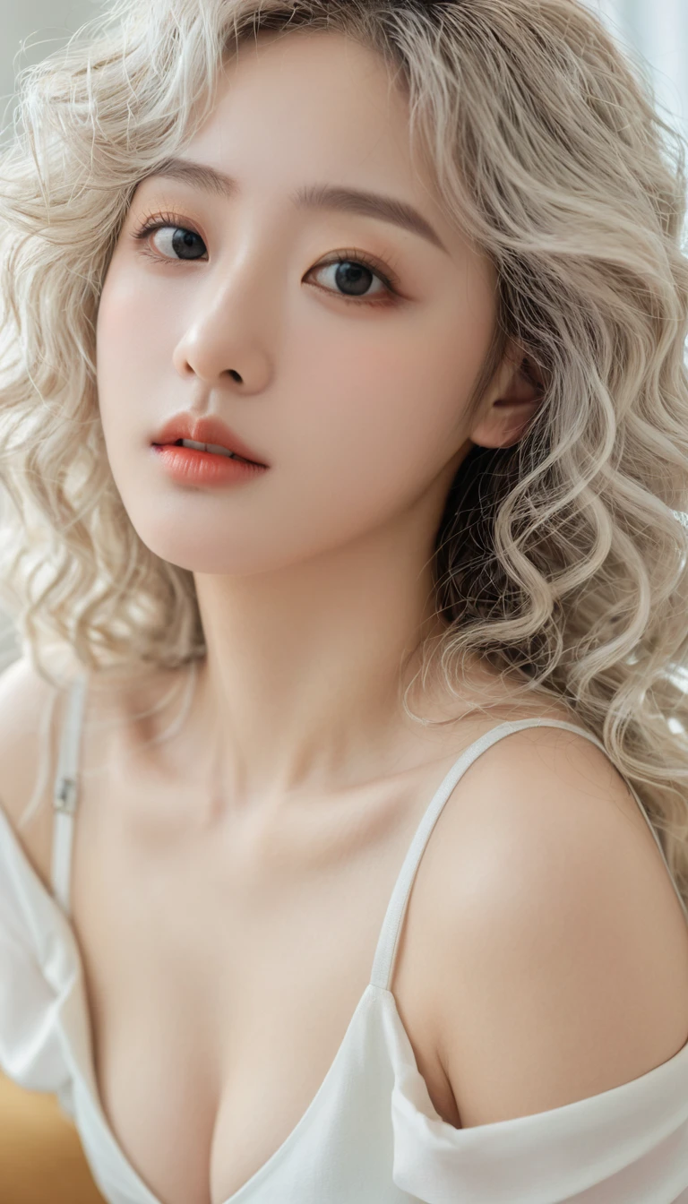(Surrealism), (illustration), (high resolution), (8K), (Extremely detailed), (best illustration), (Beautiful and delicate eyes), (best quality), (Very detailed), (masterpiece), ( wallpaper), (Delicate face), solitary, 1 girl, White curly hair, Korean, Heterochromic Eyes, There is a small mole under the eye, Large Breasts, Long legs, Tight abdominal muscles, Dynamic poses, A woman takes a selfie while sitting on the floor, Photos of slim girls, Girl squatting, She is about 20 years old, She is about 20 years old, High-quality video,