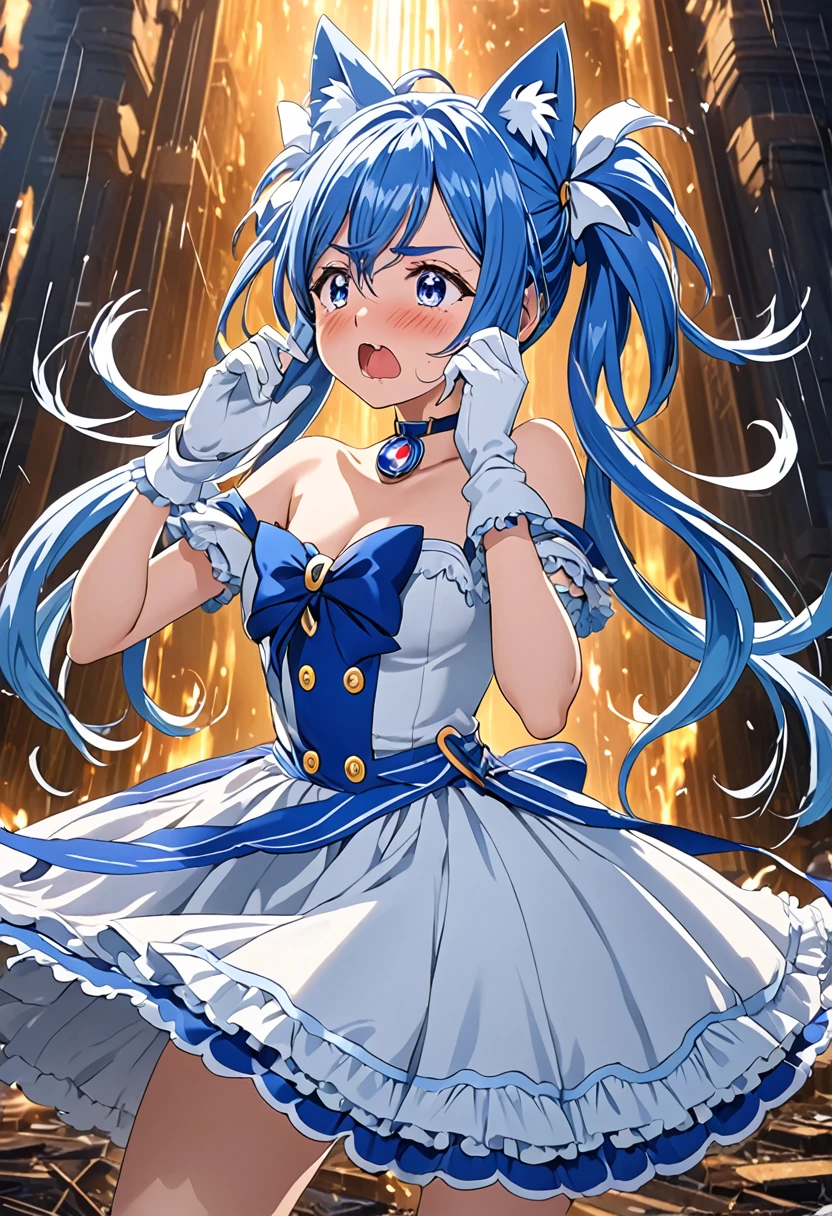 cure white, choker, detailed hair and costume, long flowing blue hair, white and blue frilly dress, white gloves and boots, holding her ears with both hands, blushing cheeks, in pain, suffering from enemy's sonic attack, dynamic and intense scene, background with sound waves,masterpiece, Highest quality,, Highly detailed background, Perfect lighting, (beautiful, Highest quality:1.1), masterpiece, Perfect Eyes, (beautiful), (erotic:1.2) 