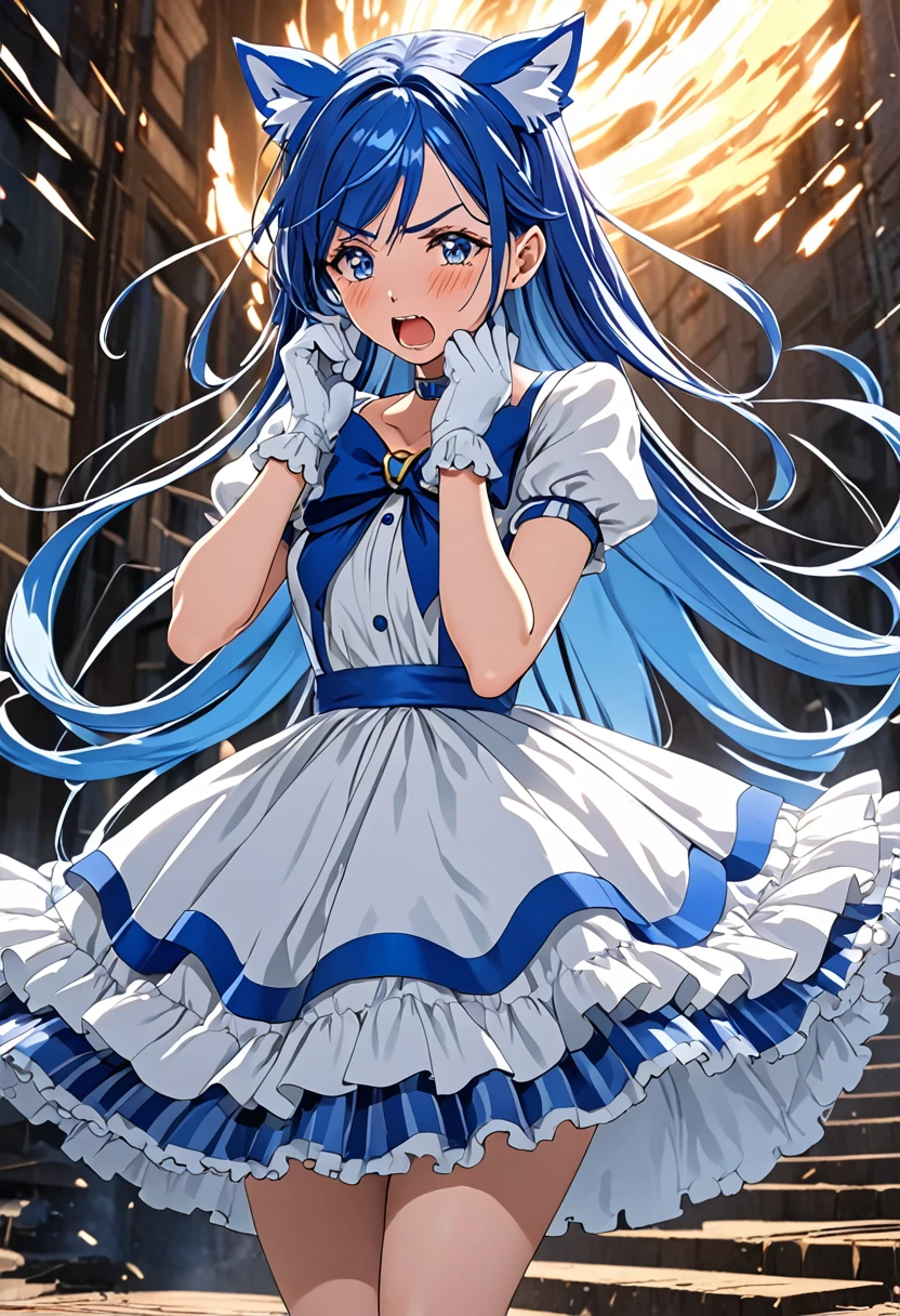 cure white, choker, detailed hair and costume, long flowing blue hair, white and blue frilly dress, white gloves and boots, holding her ears with both hands, blushing cheeks, in pain, suffering from enemy's sonic attack, dynamic and intense scene, background with sound waves,masterpiece, Highest quality,, Highly detailed background, Perfect lighting, (beautiful, Highest quality:1.1), masterpiece, Perfect Eyes, (beautiful), (erotic:1.2) 