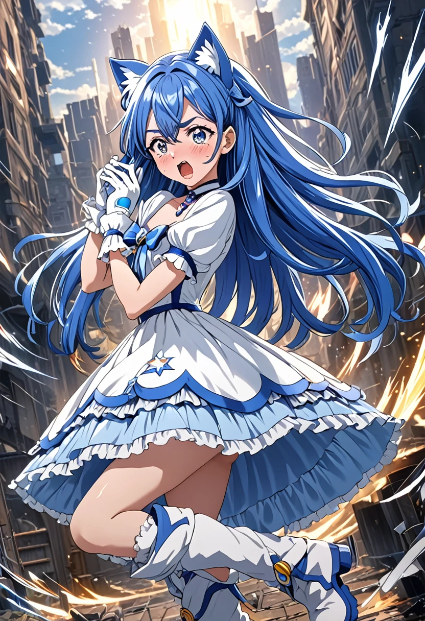 cure white, choker, detailed hair and costume, long flowing blue hair, white and blue frilly dress, white gloves and boots, holding her ears with both hands, blushing cheeks, in pain, suffering from enemy's sonic attack, dynamic and intense scene, background with sound waves,masterpiece, Highest quality,, Highly detailed background, Perfect lighting, (beautiful, Highest quality:1.1), masterpiece, Perfect Eyes, (beautiful), (erotic:1.2) 