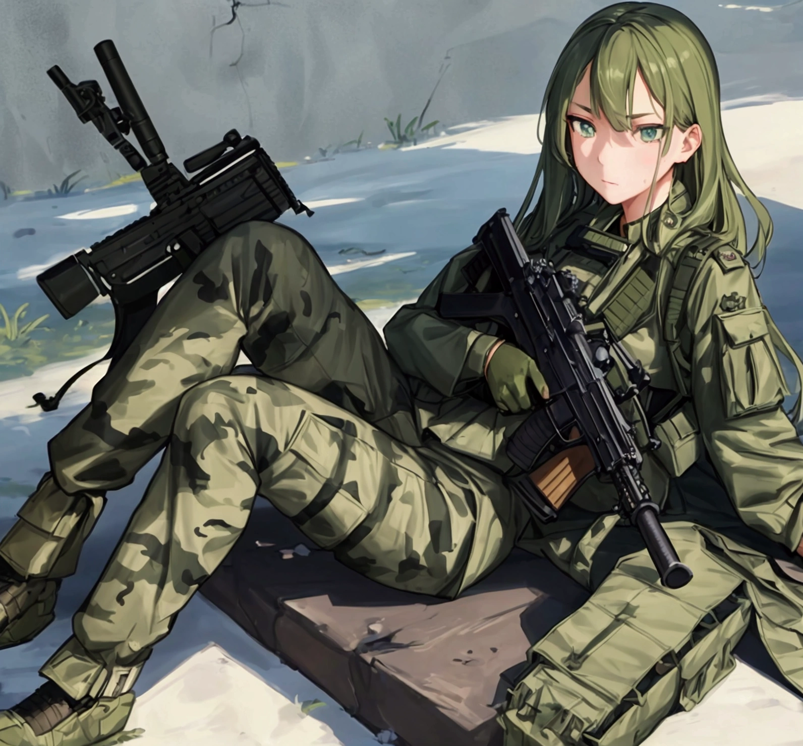 Beautiful female soldier in green with a gun,Broken military equipment, Mechanized female soldier, Girl,Infantry Girl,No clothes to cover your body, Camouflage pattern,(Proportional face),(Neat face,Delicate eyes),Pretty Face,Volumetric Lighting,Reflection,smooth,sits with legs spread,Carrying an AK47 rifle,full-body shot,(Complex background),(Exquisite images),(Reality: 1.4),(Very detailed),(high resolution),(best quality),(masterpiece)
