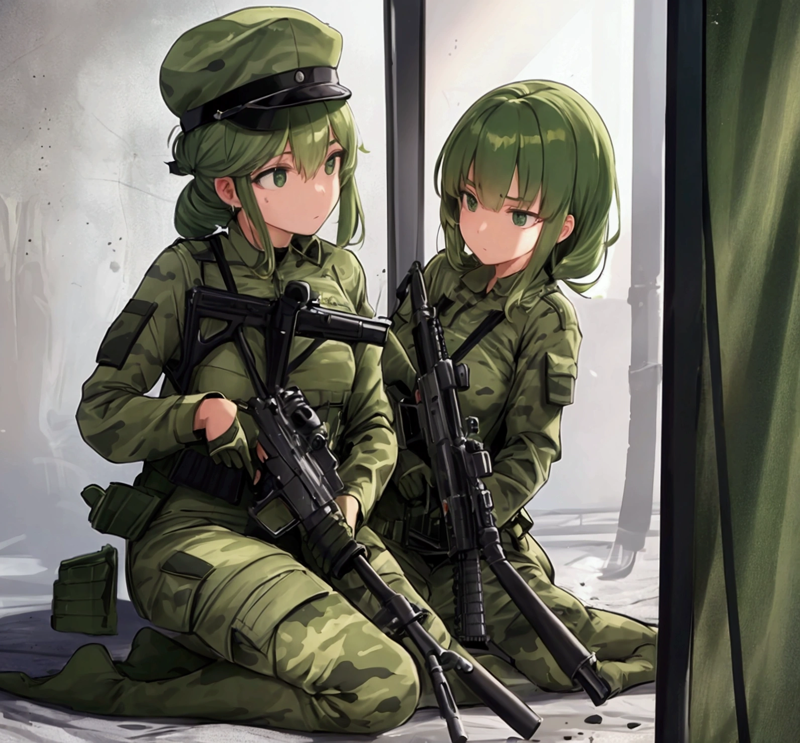 Beautiful female soldier in green with a gun,Broken military equipment, Mechanized female soldier, Girl,Infantry Girl,No clothes to cover your body, Camouflage pattern,(Proportional face),(Neat face,Delicate eyes),Pretty Face,Volumetric Lighting,Reflection,smooth,sits with legs spread,Carrying an AK47 rifle,full-body shot,(Complex background),(Exquisite images),(Reality: 1.4),(Very detailed),(high resolution),(best quality),(masterpiece)