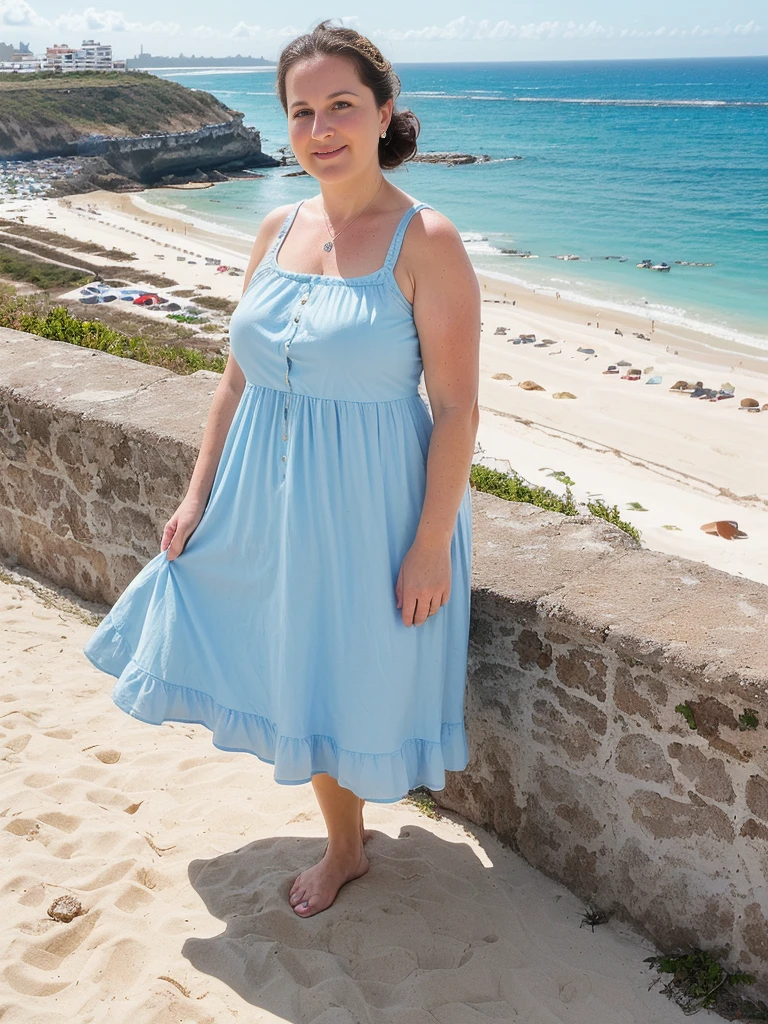 her name is Annette, high quality, ((mature)), ((white pale skin)), 1girl, ((40-year-old chubby Swiss woman)), ((40 years old)), ((chubby)), ((brunette)), pose: standing, wearing stylish blue (((wearing light-colored sundress))), ((BACKGROUND: overlooking coastal side in Naica, Mexico)), random pose, messy bun hair