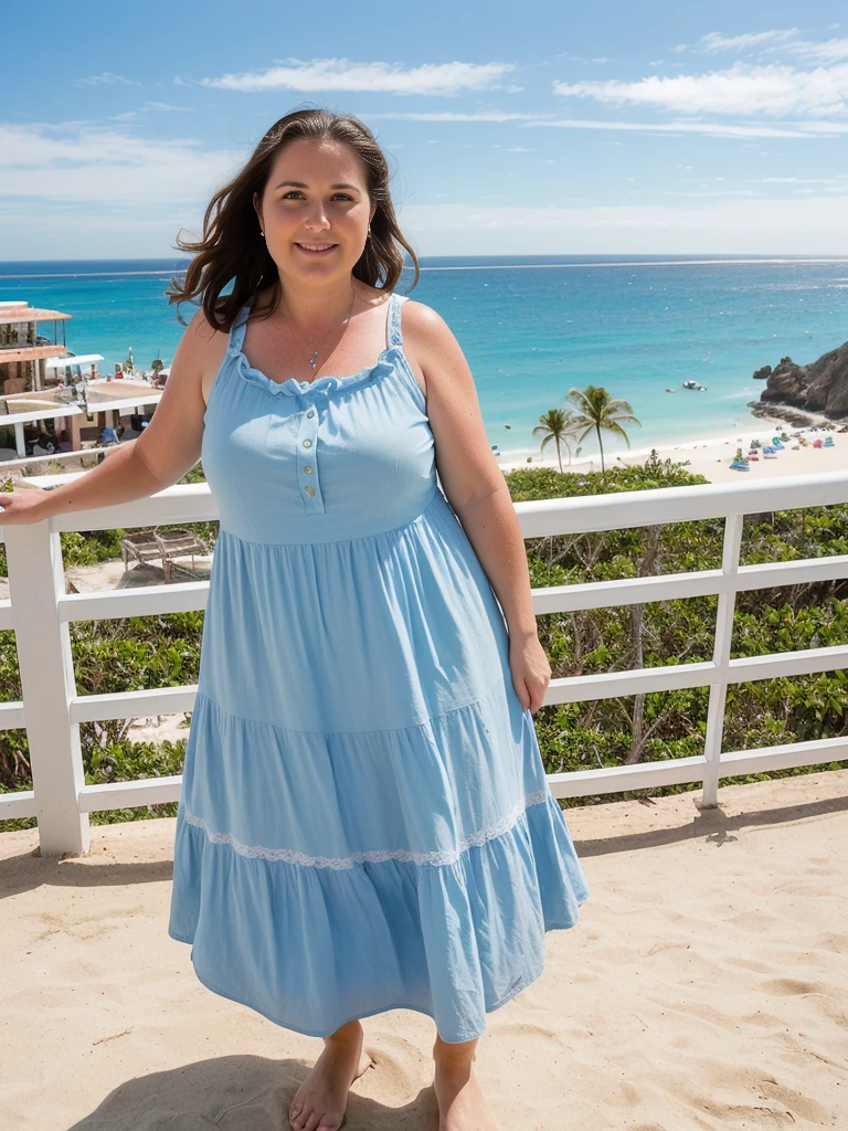 her name is Annette, high quality, ((mature)), ((white pale skin)), 1girl, ((40-year-old chubby Swiss woman)), ((40 years old)), ((chubby)), ((brunette)), pose: standing, wearing stylish blue (((wearing light-colored sundress))), ((BACKGROUND: overlooking coastal side in Naica, Mexico)), random pose, messy bun hair