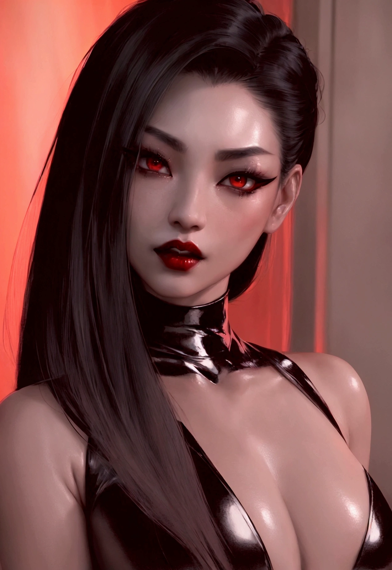 1 asian vampire woman, beautiful detailed eyes, beautiful detailed lips, extremely detailed face and skin, long eyelashes, black latex bodysuit, nude, hyper detailed, 8k, masterpiece, photorealistic, dark red and black color palette, dramatic chiaroscuro lighting, cinematic, gothic, dark fantasy