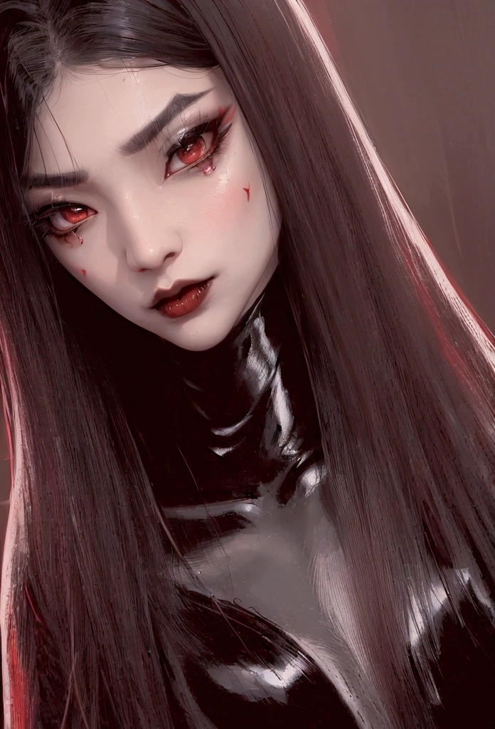 1 asian vampire woman, beautiful detailed eyes, beautiful detailed lips, extremely detailed face and skin, long eyelashes, black latex bodysuit, nude, hyper detailed, 8k, masterpiece, photorealistic, dark red and black color palette, dramatic chiaroscuro lighting, cinematic, gothic, dark fantasy