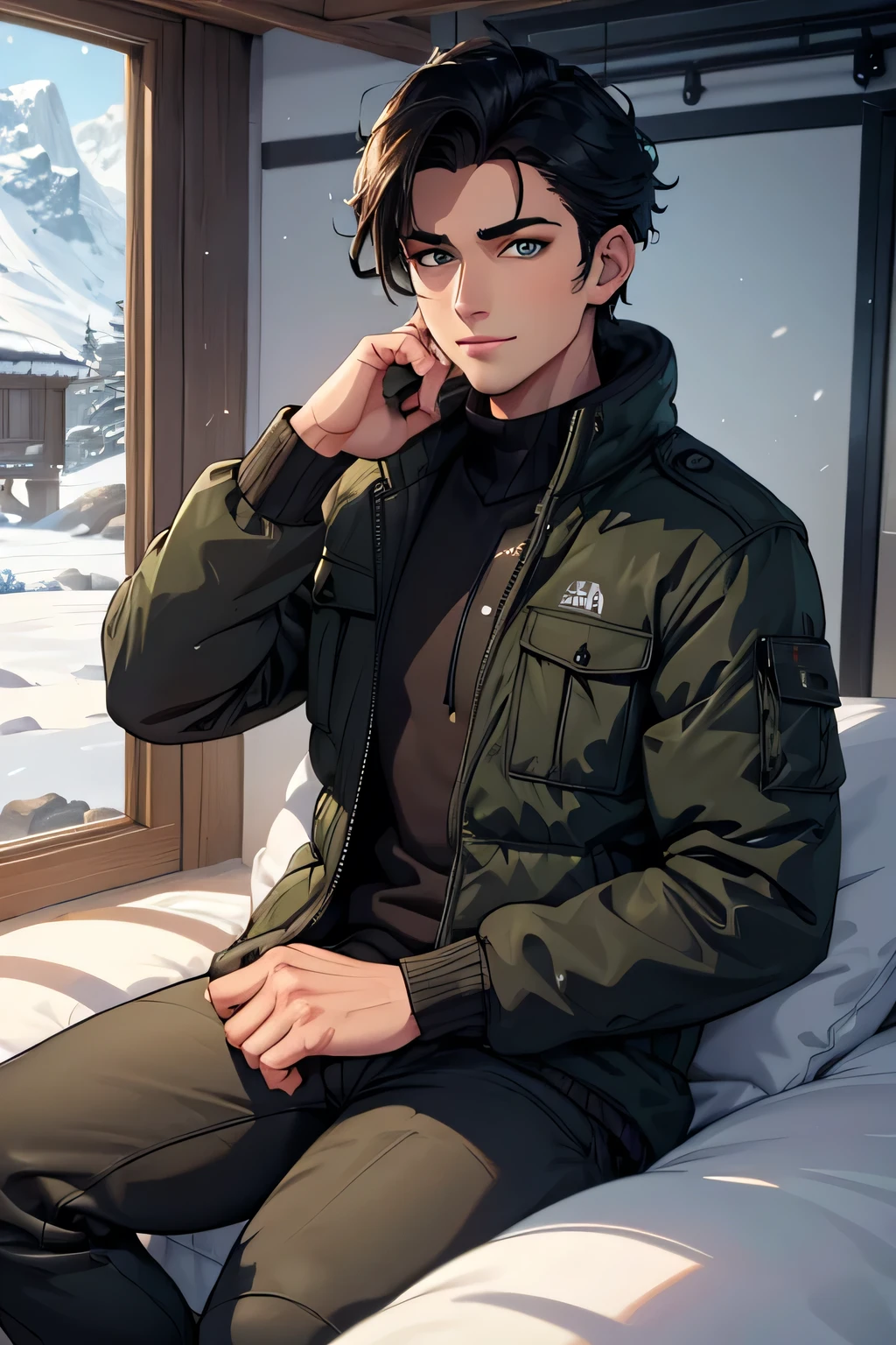 1 handsome young man in his early 20s, green eyes, detailed eyes, olive skin, mid length black hair combed to one side, playful smile, tall, athletic body, black winter jacket, cargo pants, winter lounge, snowy mountain (best quality,8k,highres,masterpiece:1.2),ultra-detailed,(realistic,photorealistic,photo-realistic:1.37),portrait,studio lighting,sharp focus,physically-based rendering,vivid colors,cold lighting