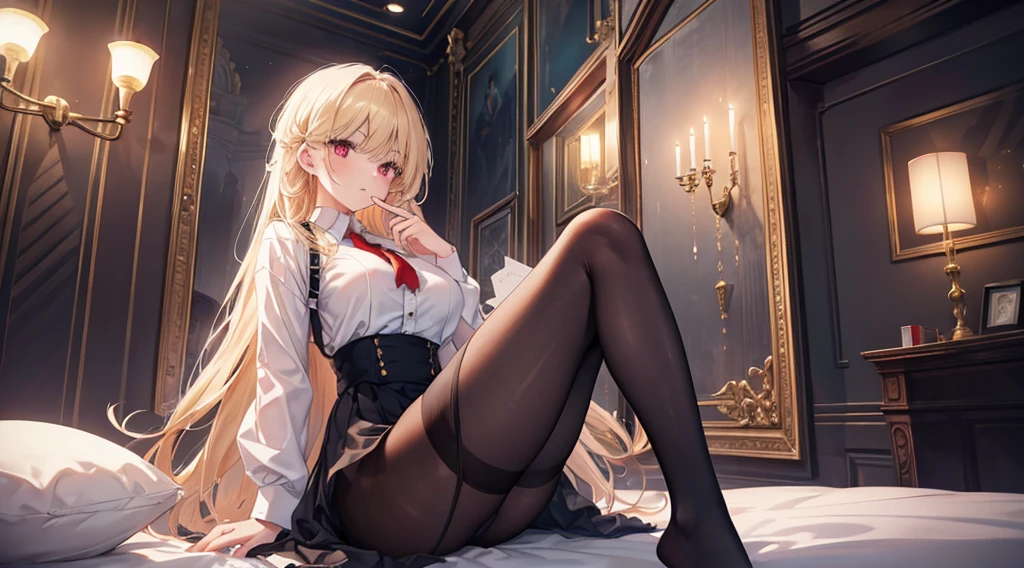 Highest quality, masterpiece, figure, wallpaper,One girl,White shirt, Light Hair, Beautiful detailed girl, Highly detailed eyes and face, Beautiful attention to detail, Shine,Browsing Caution, View your viewers, bed, night, Black Pantyhose, Straight hair, Red Eyes, long hair,Blonde, thick_Thighs, Large Breasts, Red eyes,Sitting,beautiful finger, clear background, deep night, Nothing in my hands