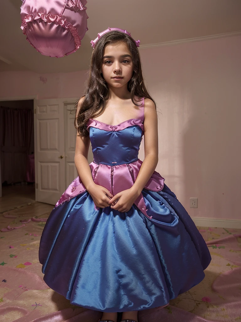 tween, young, 12-year-old, ((((((girl)))))) wearing girls, ((((satin party ball gown dresses)))) standing in a bedroom, floor length, strapless neckline,
