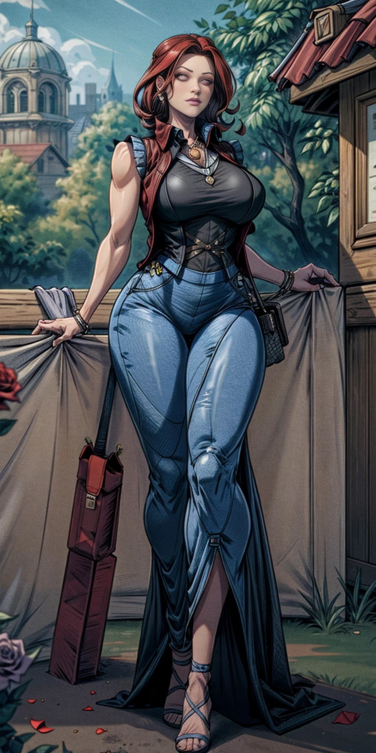 female, big breasts, voluminous breasts, curvy breasts, Fishnets, standing with a bouquet (Red roses), full height, bottom view, Best Quality, Very detailed, ultra 8k resolution,huge chest, shelter , vest, long skirt, portrait, whole body, victorias clothing, long dress, gentleman, pants, black leather suit, Medieval city, PLANTS, vest,Polo shirt, forest, long skirt