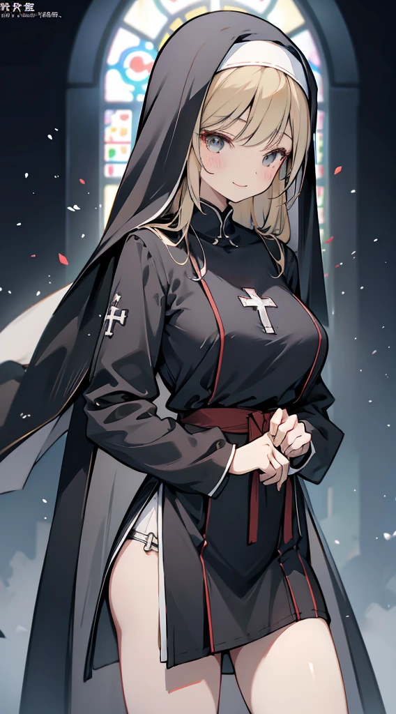 nun，nun服，黑白nun服，Colored hair，nun头巾，Big breasts，Full of figure，Church Background，Stained window glass，Mosaic art background，nun，高开叉nun长袍，Absolute Domain，thigh，thigh，thigh，黑白Knee socks，黑白Knee socks，Knee socks，nun长袍，Cheongsam style hem，Robe hem，Robe hem，Long hem robe，Front of robe，Long front robe，Front of robe，thigh侧面，Long blond hair，blond，cute，gentle，Smile，慈爱的Smile