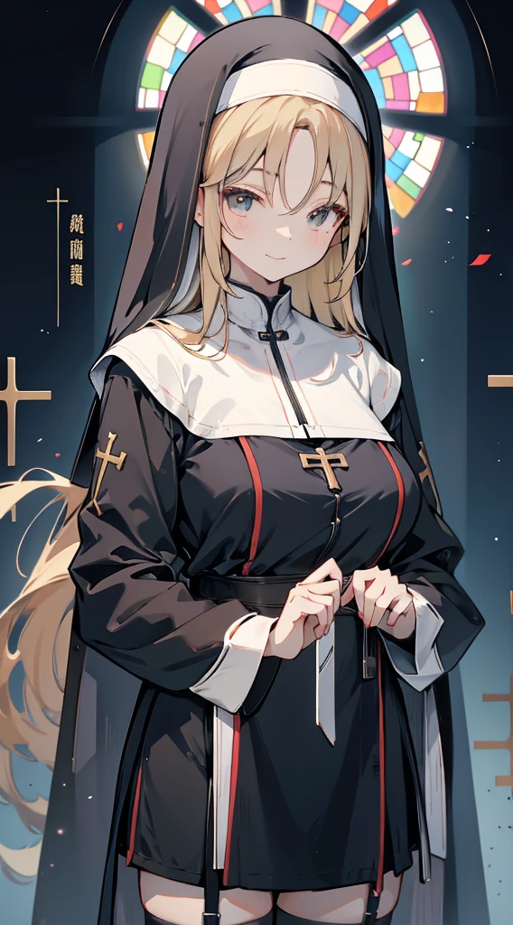 nun，nun服，黑白nun服，Colored hair，nun头巾，Big breasts，Full of figure，Church Background，Stained window glass，Mosaic art background，nun，高开叉nun长袍，Absolute Domain，thigh，thigh，thigh，黑白Knee socks，黑白Knee socks，Knee socks，nun长袍，Cheongsam style hem，Robe hem，Robe hem，Long hem robe，Front of robe，Long front robe，Front of robe，thigh侧面，Long blond hair，blond，cute，gentle，Smile，慈爱的Smile