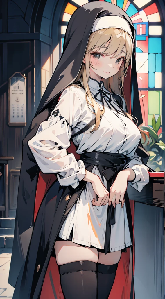 nun,nun服,黑白nun服,Colored hair,nun头巾,Big breasts,Full of figure,Church Background,Stained window glass,Mosaic art background,nun,高开叉nun长袍,Absolute Domain,thigh,thigh,thigh,黑白Knee socks,黑白Knee socks,Knee socks,nun长袍,Cheongsam style hem,Robe hem,Robe hem,Long hem robe,Front of robe,Long front robe,Front of robe,thigh侧面,Long blond hair,blond,cute,gentle,Smile,慈爱的Smile