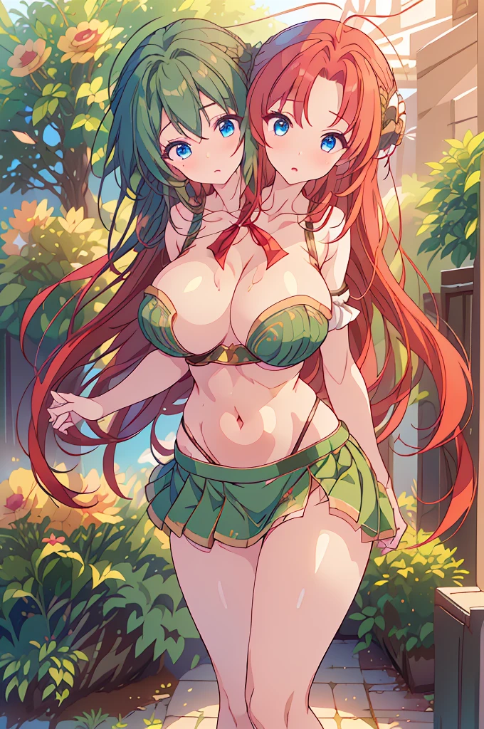 (masterpiece, best quality),best quality, (ultra-detailed), (3heads:1.5), 1girl, (ultra-detailed), (3heads:1.5), 1girl, (hong meiling:1.3), masterpiece, (best quality:1.5, highres, UHD), highres, absurdo, ultra detail, ultra quality, Ultra resolution, green top, crop top, ((stomach)), midriff, ((groin)), green skirt, miniskirt, normal ears, shackles, (red hair), (redhead), very long hair, wavy hair, sidelocks, blue eyes, parted lips, midriff, sweat, cute, toned belly, hand on own chest, eyelashes, (24 year old woman:1.3), (masterpiece:1.5), (best quality:1.5), (beautiful detailed), extremely detailed CG, extremely delicate and beautiful, depth of field, (finely detailed face), (perfect details:1.2), (mature female:1.3), wide pelvis, slender, large veiny breast, 16k resolution, high quality, high definition, extremely detailed, masterpiece, (red hair), long hair, (same hair color), alluring presence, twin braid, short skirt, close up, very big tits, huge tits, young, striped, green beret, hair ornament, chinese clothes, star hat ornament, open belly, nsfw, girl with three heads, three headed girl,