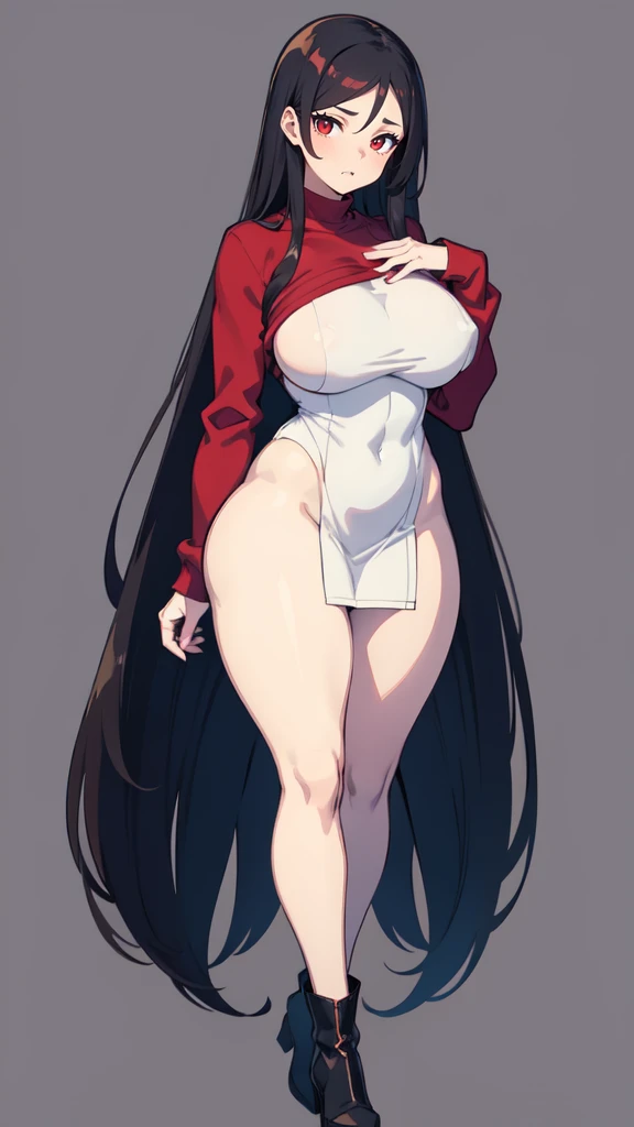 (masterpiece), best quality, expressive eyes, perfect face, vampire girl, huge girl, female muscular:1.2, big breast:1, (curvy:1.5) , (straight hair:1.8), ((blank background)), ((full body)), thick thighs:1.7, (long legs:1.4), amazon body, toeless boots, ((pale skin)) , red eyes, black hair, (long fangs) , long yellow dress, long sleeves, loose sleeves, covered nipples