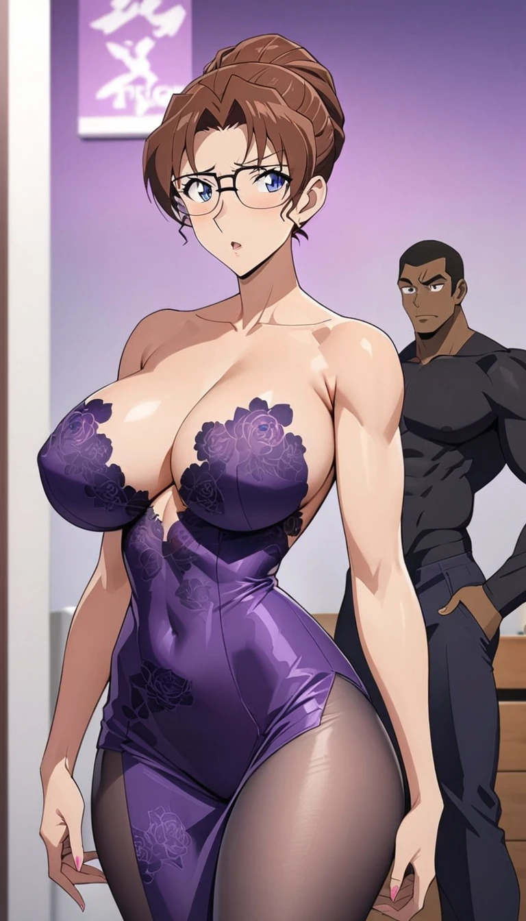 Best quality,masterpiece,brown hair,Purple evening dress,Big breasts,Perfect body,full-body shot,Cool poster,Wearing glasses,36 mature beauties,Single player anime style,seduces a young blackman,(strong and naked black man,short pants,muscle body,bodybuilder),(a young mom with big breasts,narrow waist,bare shoulders,(Purple evening dress, transparent black pantyhose, floral print, naked)