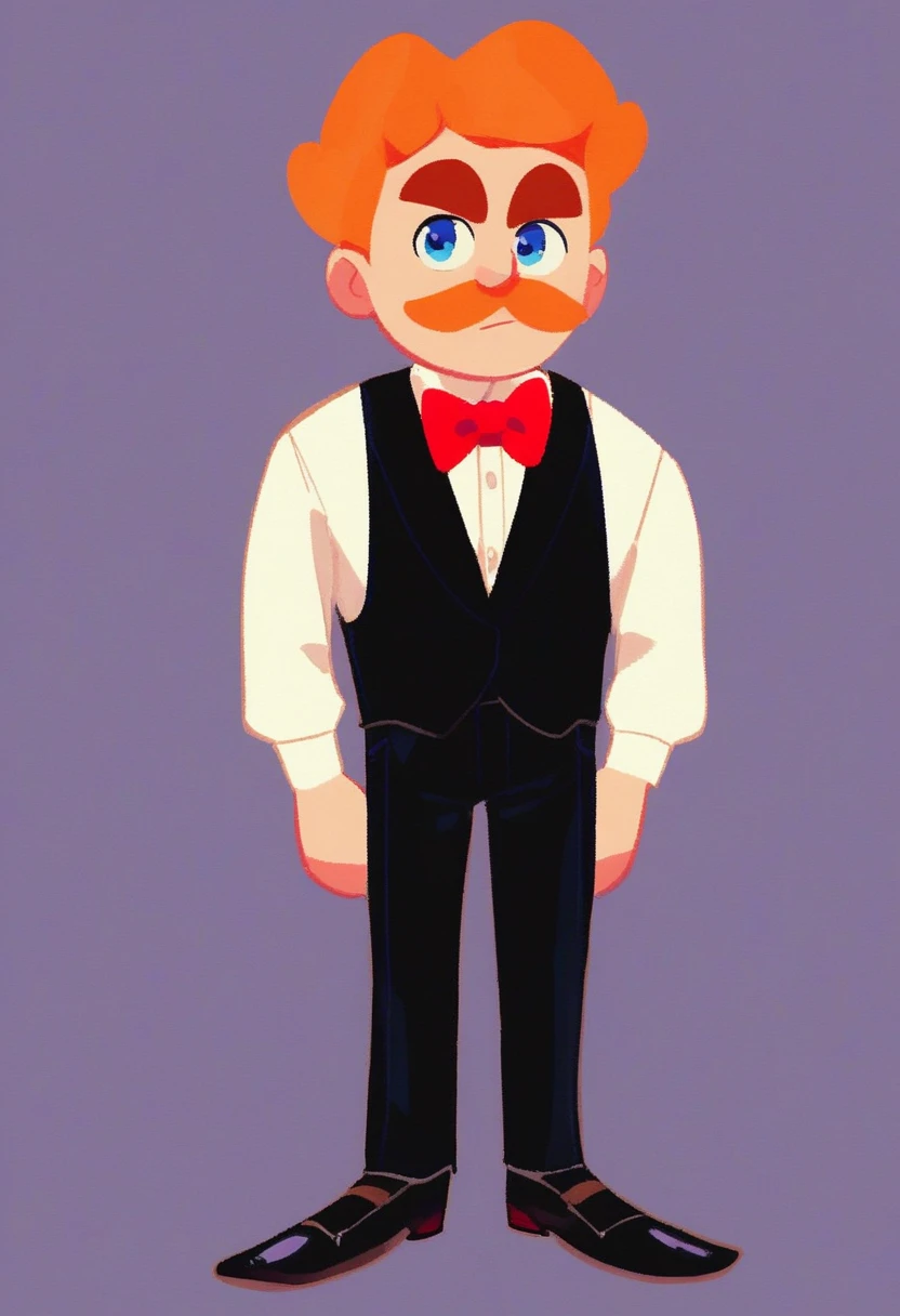 mr_goodman, solo, 1boy, standing, full body, Really tall, blue eyes, brownish orange mustache, brownish orange hair, thick eyebrows, red bowtie, white shirt underneath suit, black suit, black shoes