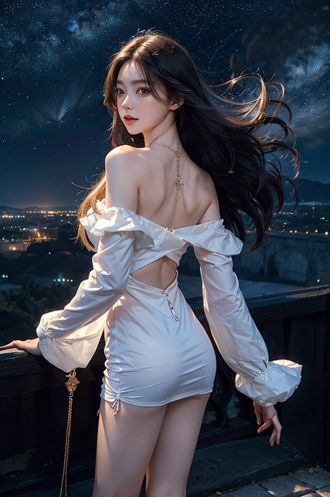 (masterpiece:1.5, Highest quality, Very detailed、 Dutch Angle、Semi-realistic、Fantasy)(One Girl, alone)(White and beautiful hair:1.4,,Straight Long Hair)(White based dress、Fantasyの衣装)、((Off the shoulder、Mid-chest、ruby ​​necklace))(from back side,The buttocks are slightly visible、Legs wrapped in tights)(Beautiful starry sky、Mystical Night、Particles of light float around the woman、Fantasy space) Waiting to start
