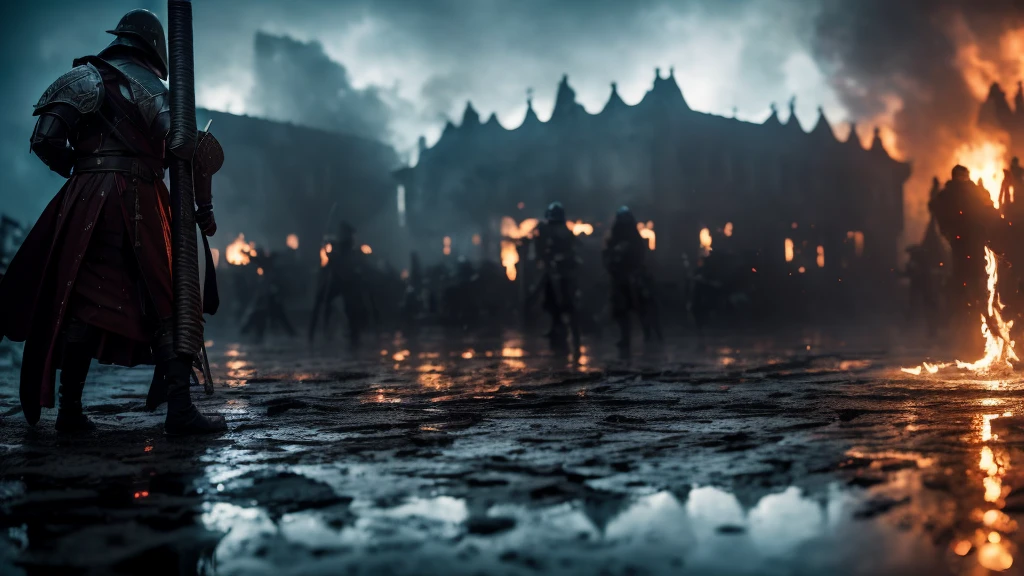 a close-up shot of a puddle of water reflecting a medieval war with fire, rpg style, 4k cinematic flame trailer film, highly detailed, dramatic lighting, realistic medieval weapons and armor, intense battle scene, fiery explosions, glowing embers, moody color palette, volumetric fog, dynamic camera angles, cinematic composition