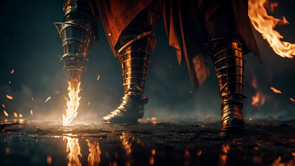 a close-up shot of a puddle of water reflecting a medieval war with fire, rpg style, 4k cinematic flame trailer film, highly detailed, dramatic lighting, realistic medieval weapons and armor, intense battle scene, fiery explosions, glowing embers, moody color palette, volumetric fog, dynamic camera angles, cinematic composition