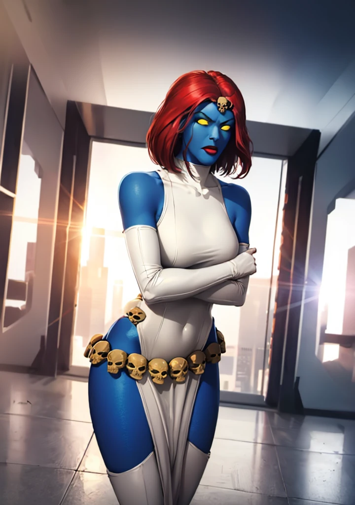 masterpiece, best quality, 1girl, solo, looking at viewer, breasts, mystique, yellow sclera, (blue skin:1.2), elbow gloves, white gloves, lipstick, white dress, turtleneck dress, pelvic curtain, thigh boots, belt, forehead jewel, skull, outdoors, depth of field, lens flare, crossed arms,